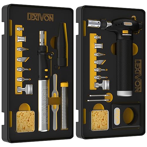 LEXIVON Kit multiusos de soldadura de butano y antorcha | Juego de 7 puntas de llama ajustable autoencendido inalámbrico | Equivalente de grado