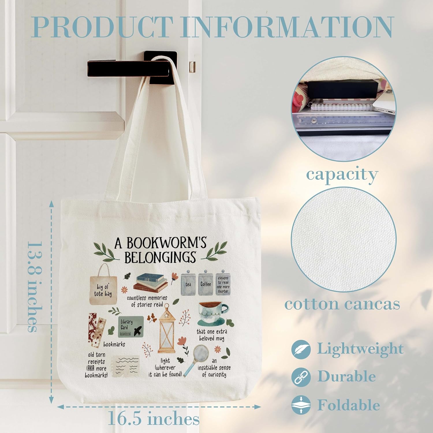 Canvas Tote Bag, Book Tote Bags, Book Lover Gift, A Bookworm's Belongings Tote, Library Tote Bag, Reusable Grocery Shopping Bag, Library Shoulder Bag For Reader Bookish Women Friend Bookworm A(12) - Image 3