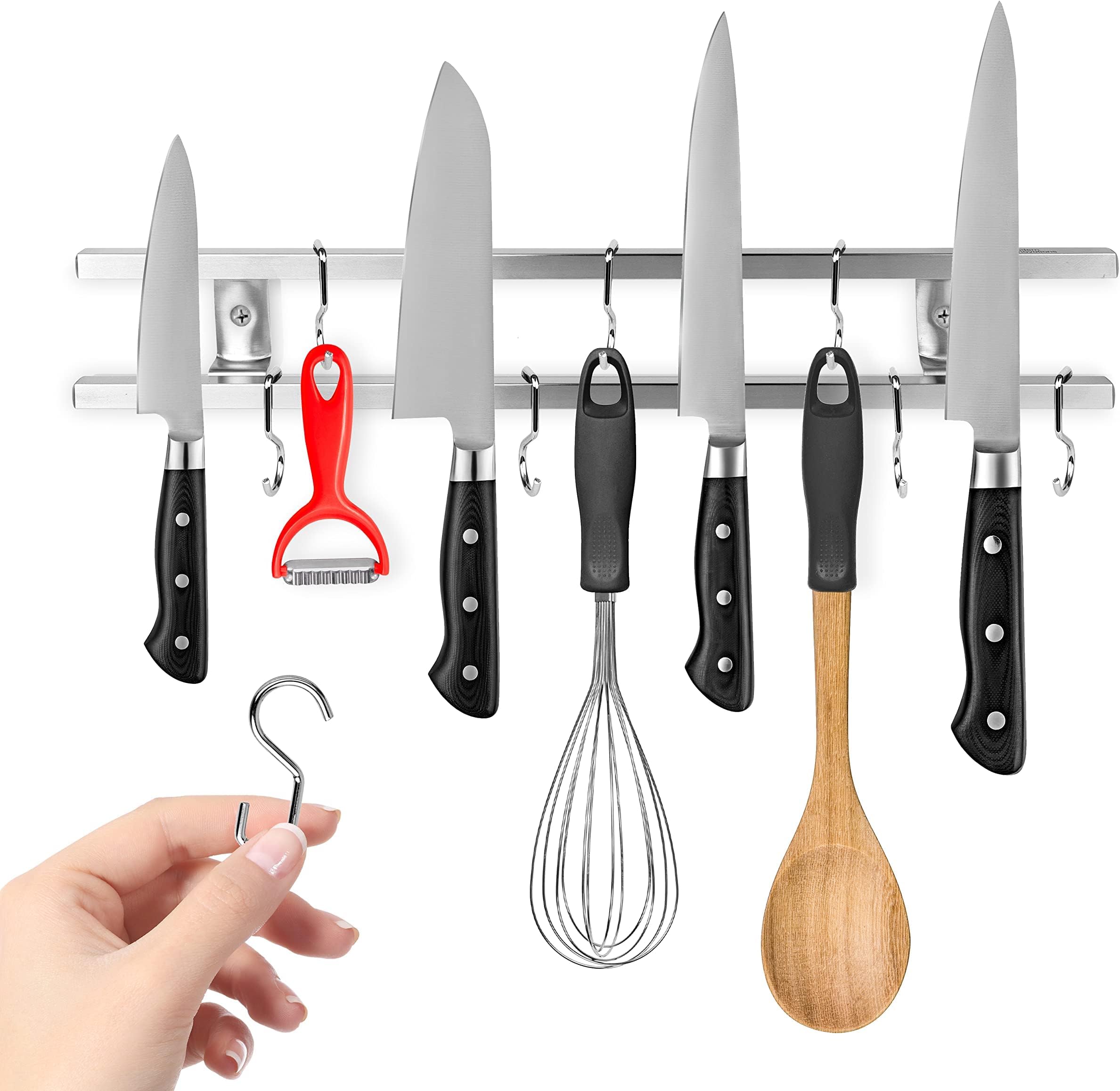 Modern Innovations (16 Inch) Stainless Steel Metal Magnetic Knife Holder, Wall Mount Double Bar with 8 Hooks - Multipurpose Knife Magnetic Strip, Utensil hanger, and Kitchen Storage Rack Magnet