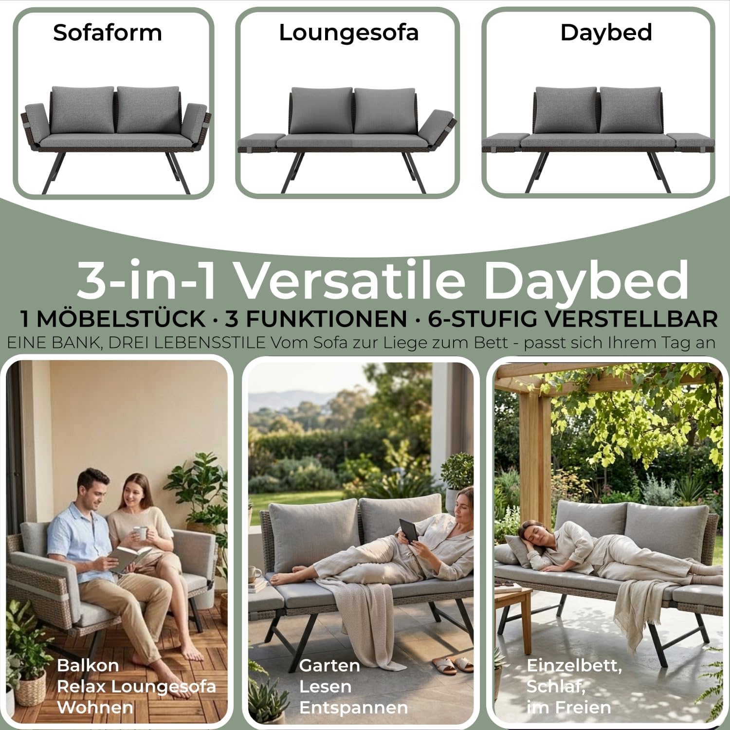 Gartenbank Rattan Wetterfest mit Liegefunktion 2-3 Sitzer, Gartensofa & Balkonsofa mit Kissen & Polster, Verstellbare Armlehnen, Bis 220kg, Outdoor Sofa Bank für Klein Balkon, Terrasse, Garten -Grau