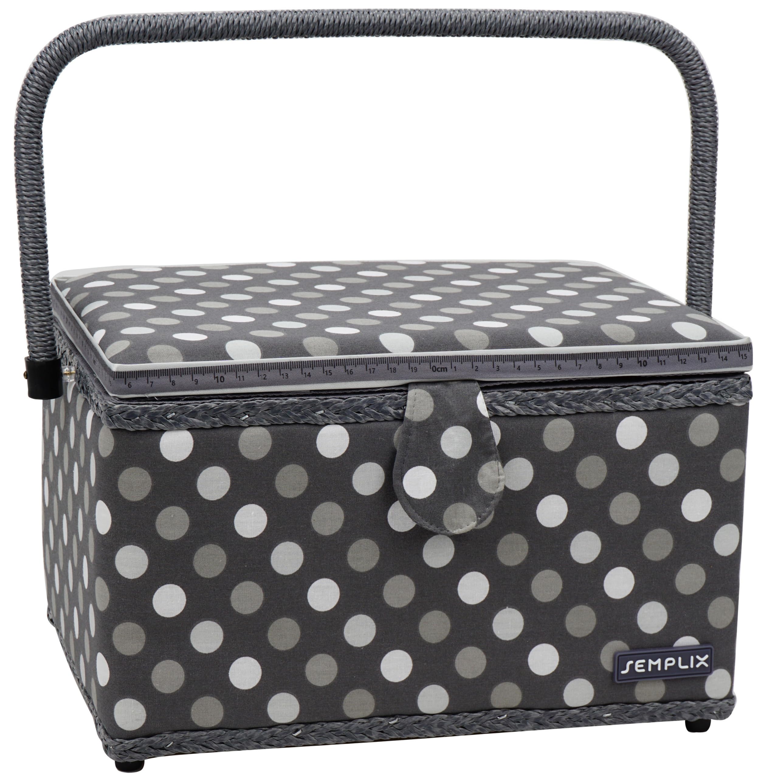 SEMPLIX Nähkorb Größe L, Polka Dots Anthrazit/Grau (30,5x22,5x19cm), Nähkästchen im frechen Punktedesign, Naehkasten in 5 trendigen Farben