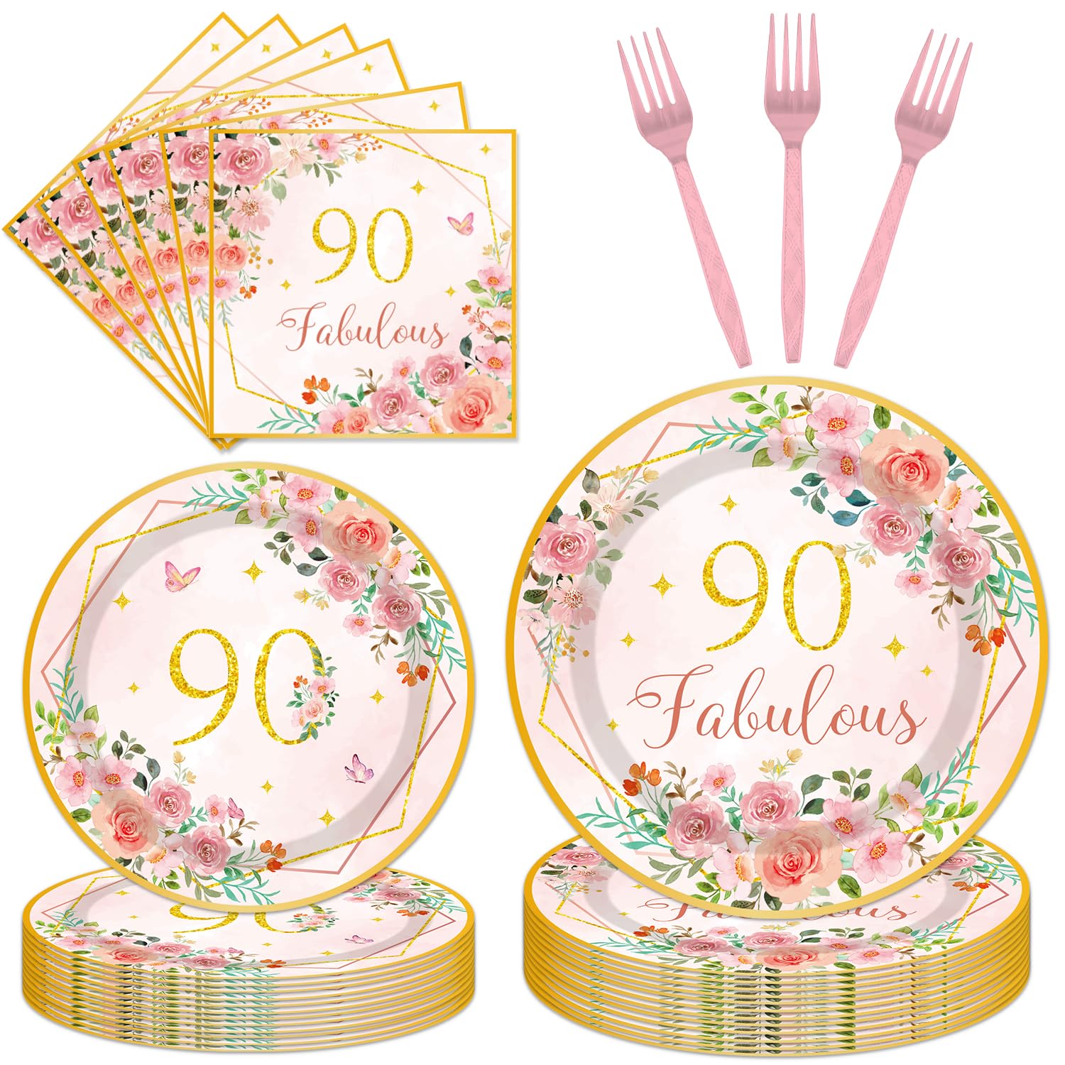 96 Pcs Floral Fabulous Party Supplies, 90th Birthday Decorations for Women, Rose Gold Pink Paper Plates and Napkins Tableware for Girls Women 90th Birthday Party Serve 24 Guests