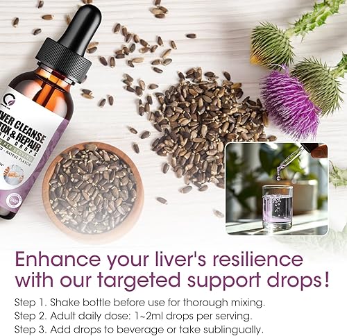 Miniatura 4 de Paquete de 2 gotas líquidas de desintoxicación y reparación de hígado con cardo mariano, extracto de alcachofa, suplemento hepático para limpieza y