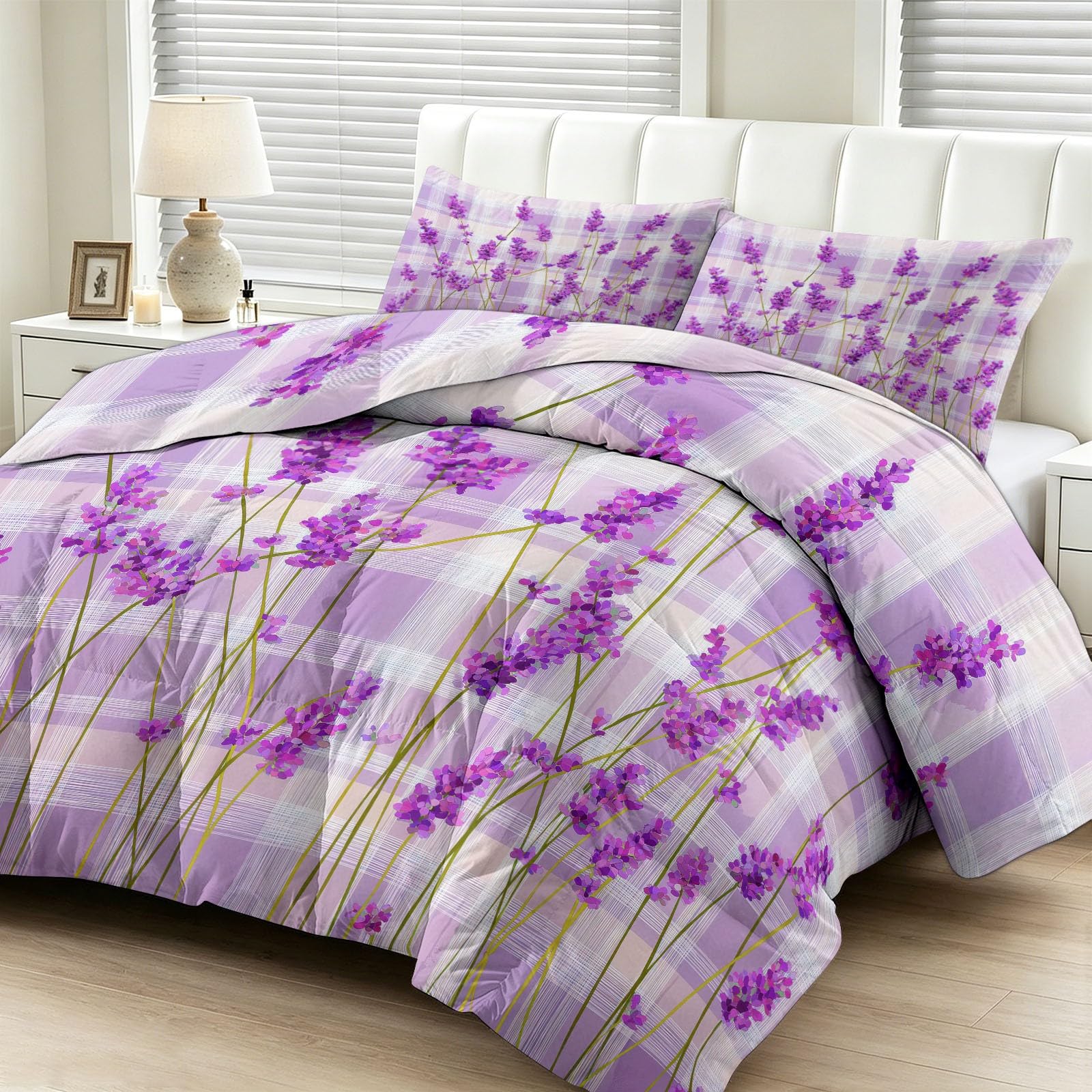 Genérico Edredón Invierno 150x200cm Lavanda Morada Edredón Nórdico Acolchado Suave Cálido y Transpirable con 2 Fundas Almohada 50x70cm, Lavable, 4 Estaciones