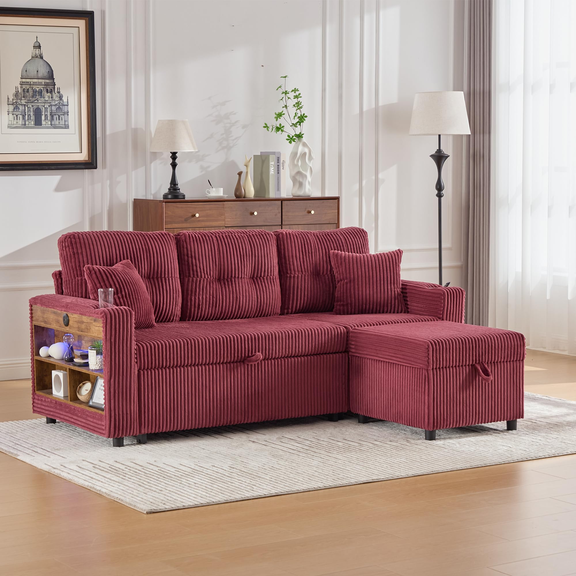 Modułowa sofa ze sztruksu, sofa do spania z wysuwaną funkcją spania i oświetleniem, składana sofa z poduszką na siedzisko i oparcie, kolor czerwonego wina