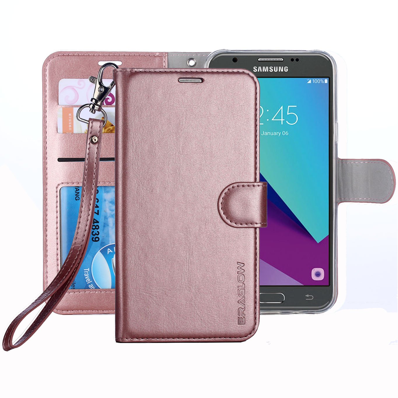 Eraglow Galaxy J3 Emerge Case / J3 Prime / J3 Eclipse/Sol 2 / Amp Prime 2 Case, ERAGLOW PU Leather Wallet Flip Protective Cover with Card Slots & Kickstand for Samsung Galaxy J3 2017 (Rose Gold)