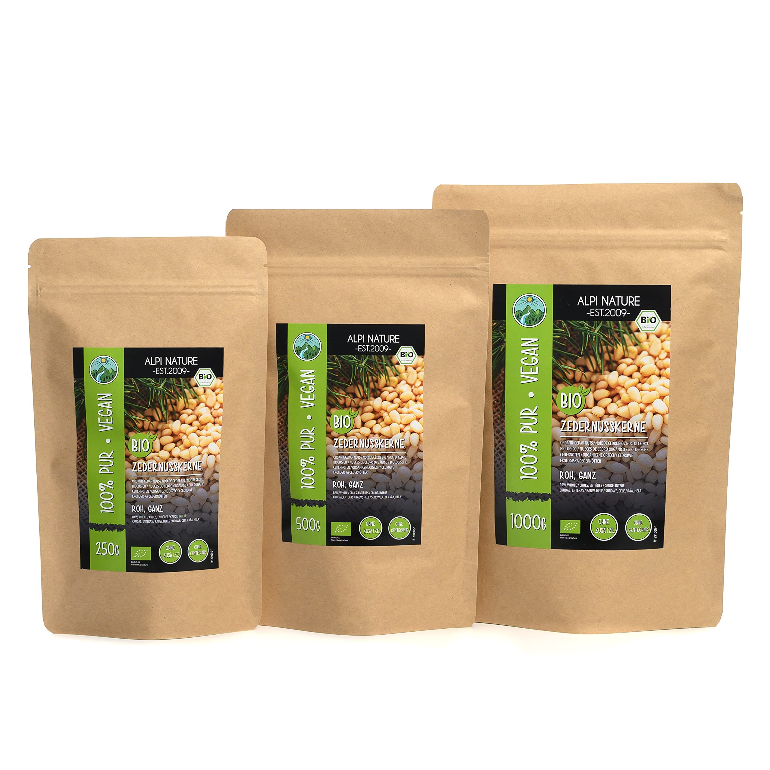 BIO Zedernkerne (1kg), Zedernnüsse geschält aus kontrolliert biologischem Anbau, laborgeprüft, Bio Zedern Kerne ganz 100% rein und naturbelassen