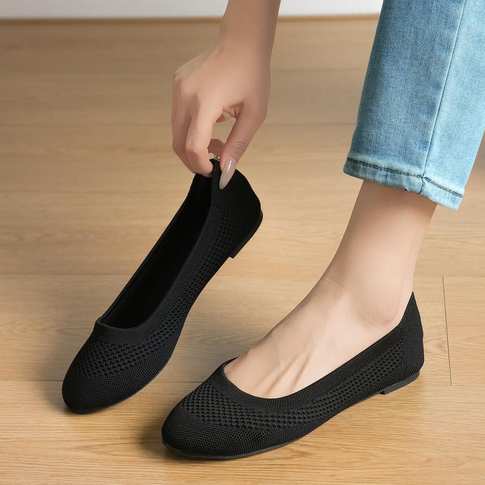 Damen Ballerina Flache Schuhe Komfort Slip On Klassische Rundkappe Pumps Schuhe Knit Faltbare Ballerinas Elegant Bequem Sommerschuhe Walking Flats für Frauen