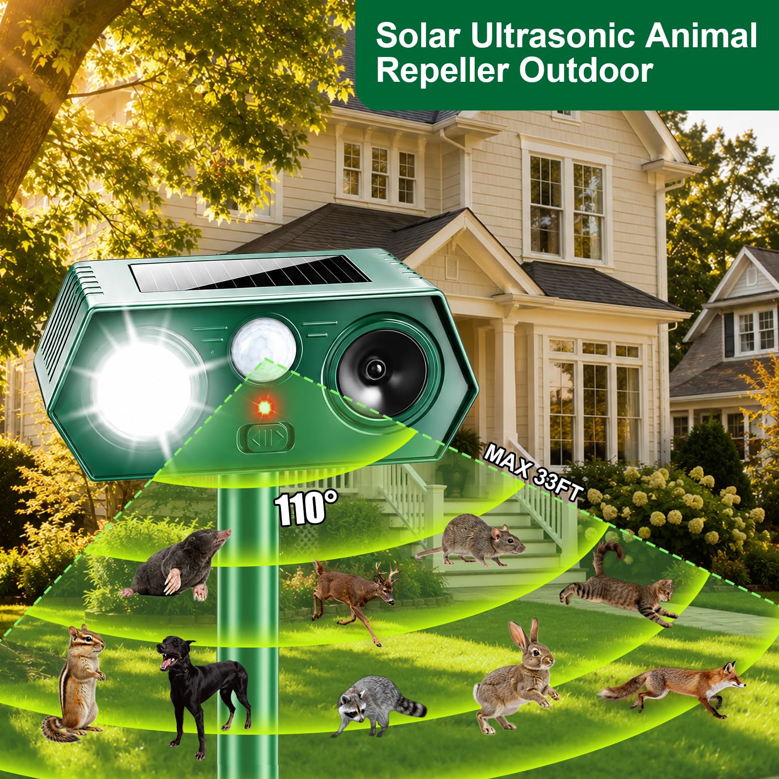 2 Pièces Repulsif Chat Exterieur, Solaire Répulsif Chat Ultrason avec Flash LED et 120° PIR Détecteur de Mouvement,IP54 Imperméable Ultra Son Anti Chats Chiens Renards Rongeurs
