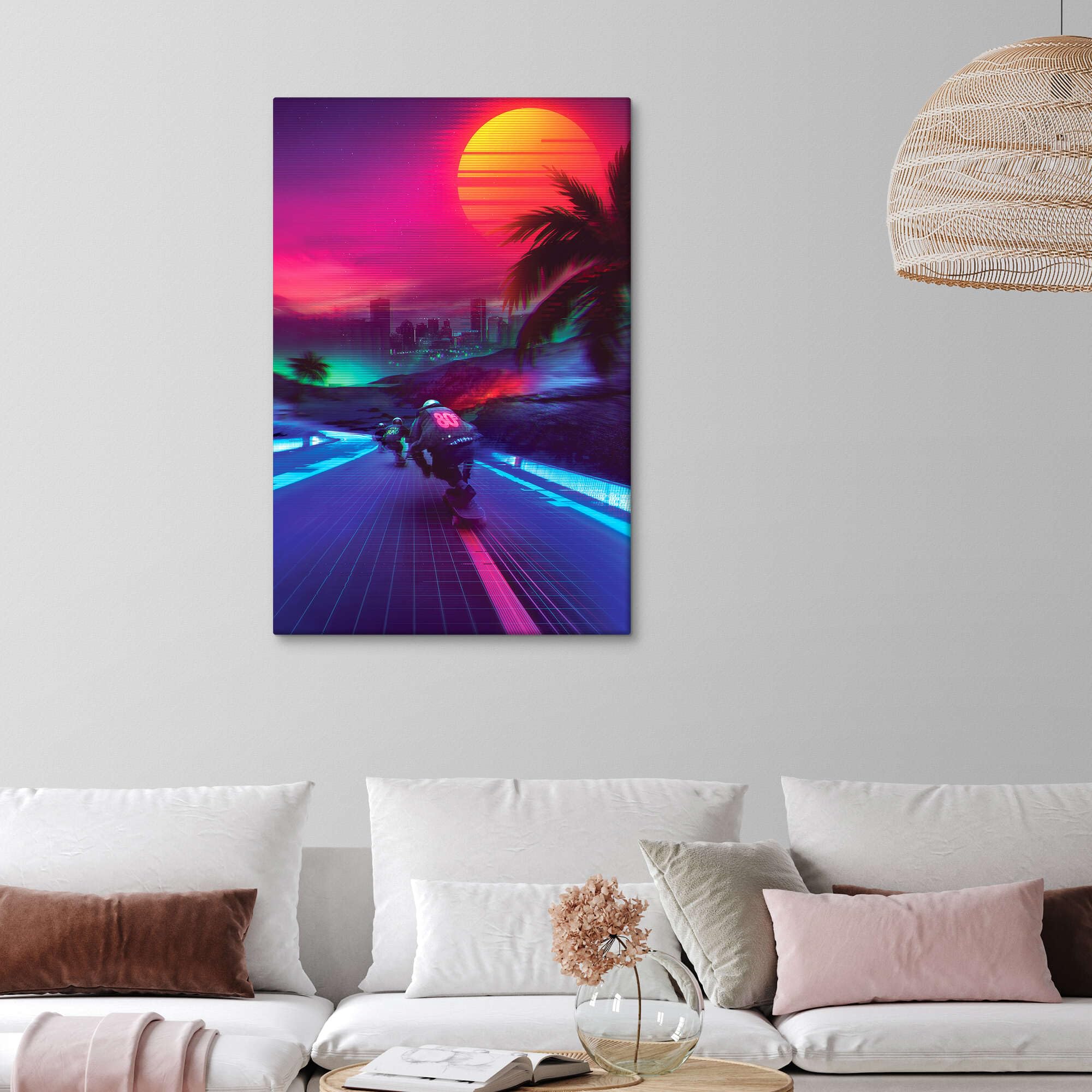 Synthwave Midnight Outrun Obraz na płótnie Denny Busyet 80 x 120 cm Różowy Obrazy Dekoracja ścienna