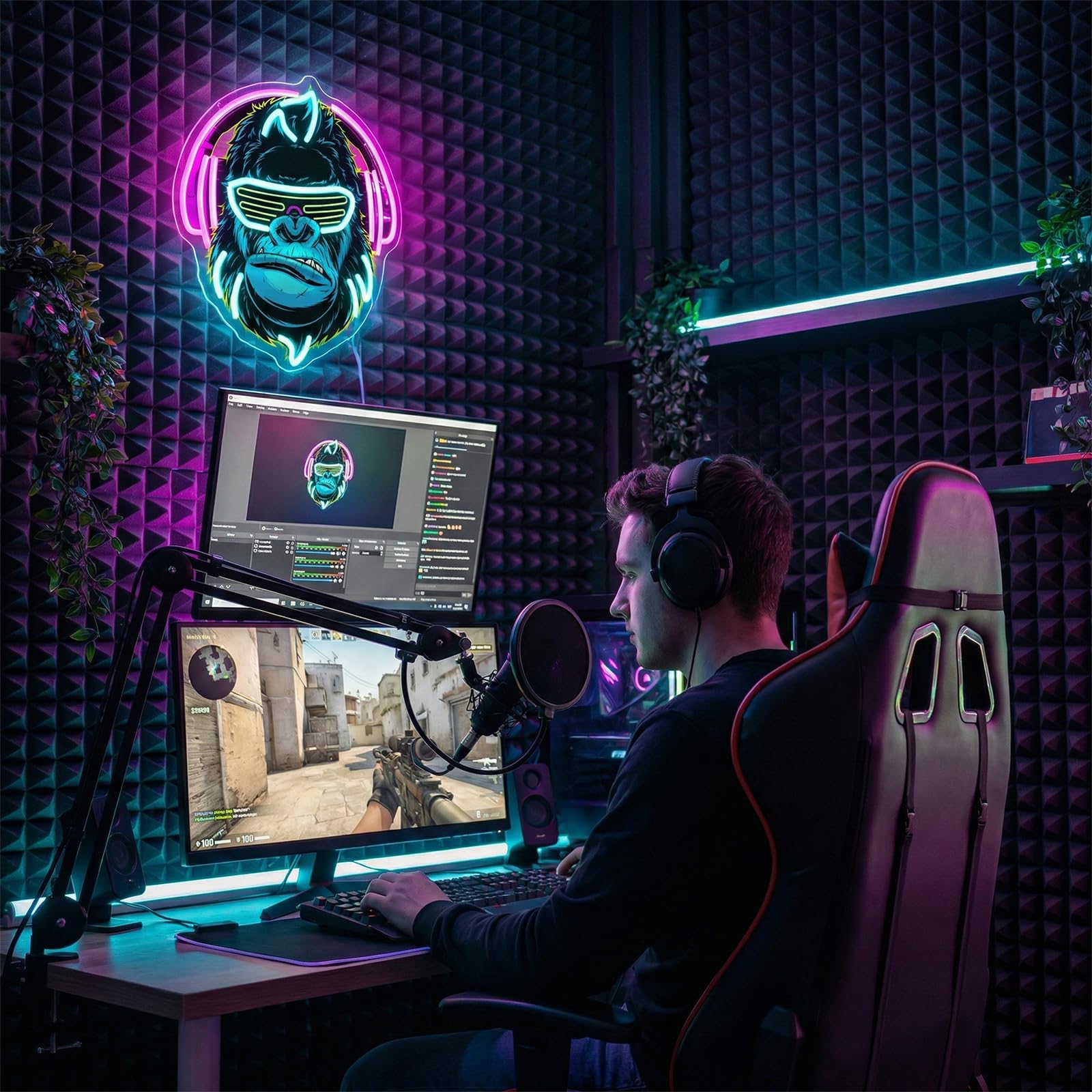 Cool Gorilla Neonschild für Wanddekor, Wild Tier mit Kopfhörern und Sonnenbrille, UV Design-LED-Licht USB-betrieben mit dimmbarem Schalter für Jugendzimmer Spielzimmer Schlafzimmer Wohnzimmer