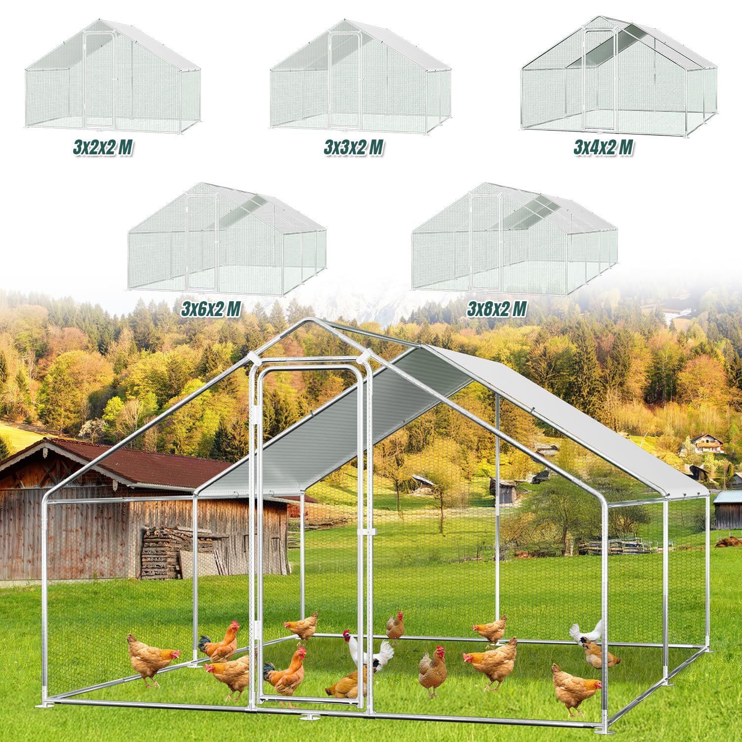 Gallinero con área libre, 3x2x2m Jaulas de metal para animales pequeños con cerradura de seguridad y cubierta impermeable para salida de gallinas, área libre para gallinas, pajarera, plantas