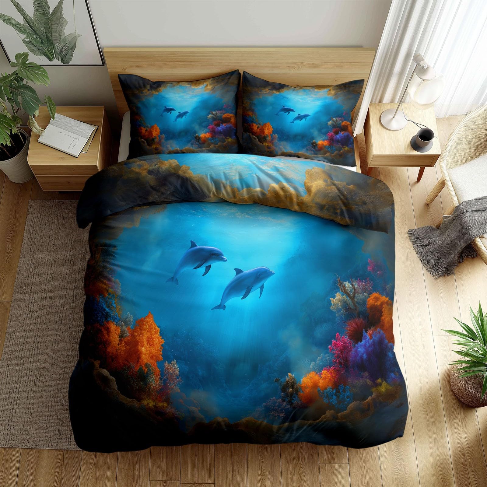 Housse de Couette Dauphins Bleu pour Décoration Chambre Fille et Garçon