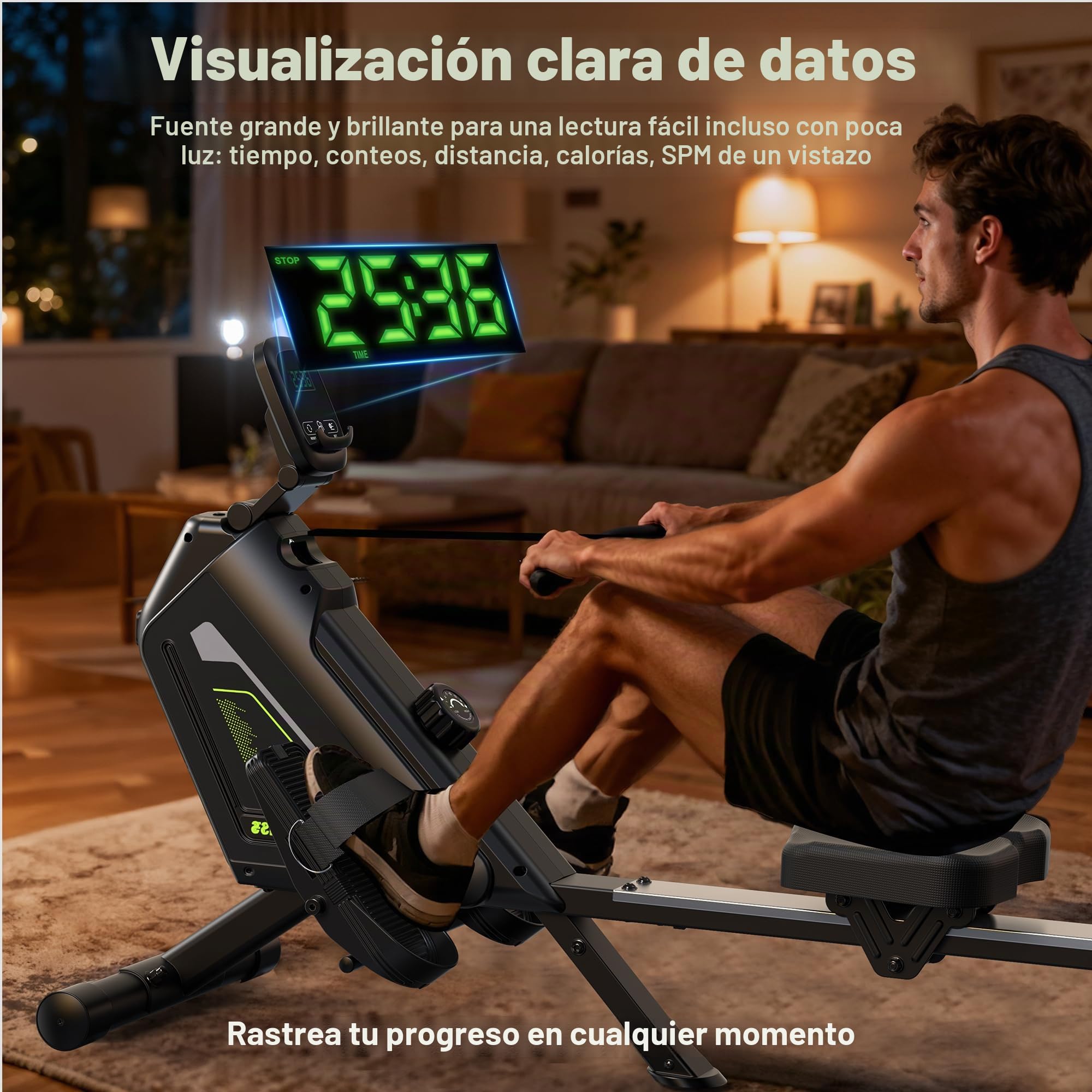 Máquina de remo para el hogar – 16 niveles de resistencia, silenciosa máquina de remo magnética con aplicación, capacidad de carga de 160 kg, fácil montaje, compacta y ahorra espacio