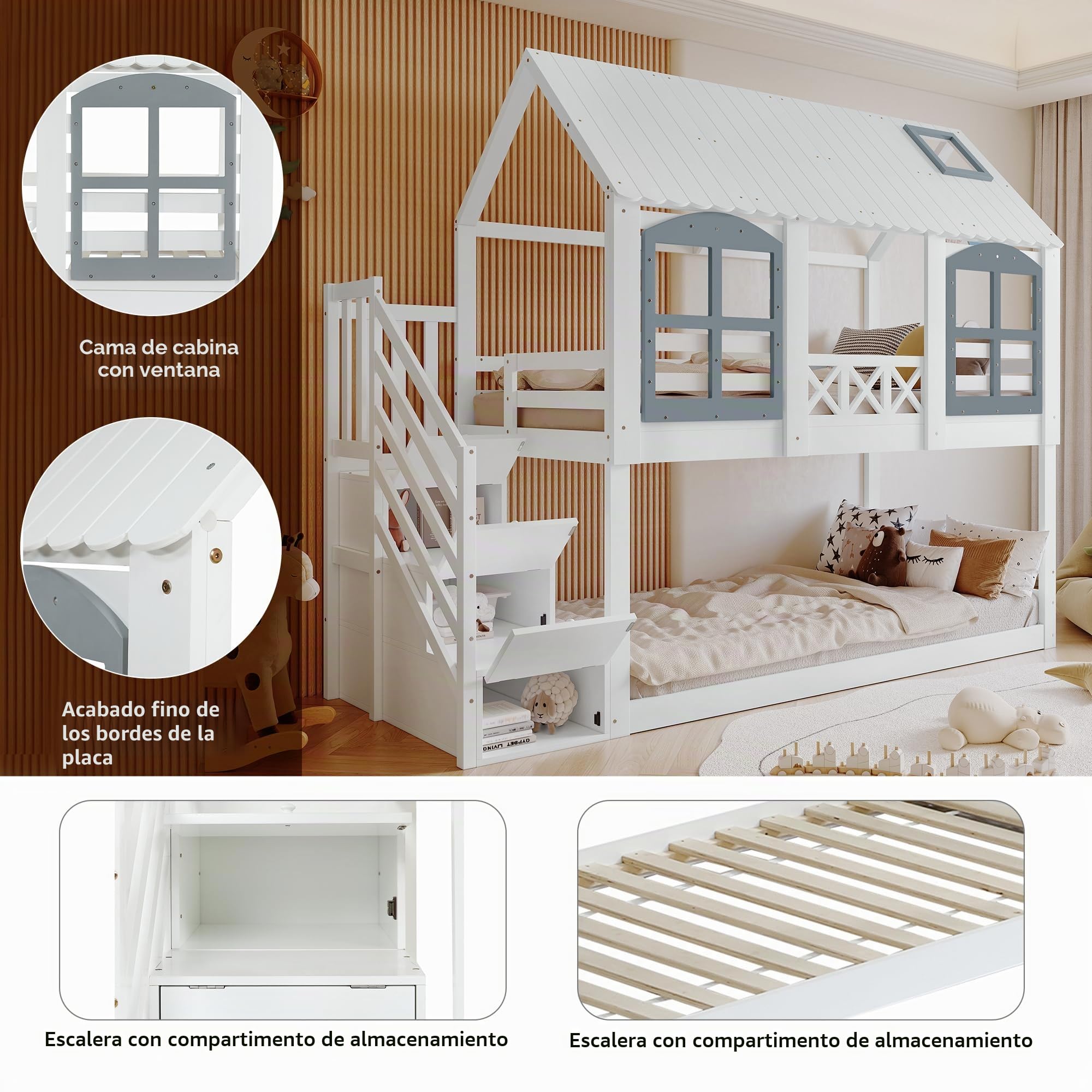 Merax Litera de 90 x 200 cm, cama alta para 2 niños, cama de árbol con protección anticaída y somier, cama con techo y ventana, ahorra espacio con escalera de almacenamiento, cama juvenil, color