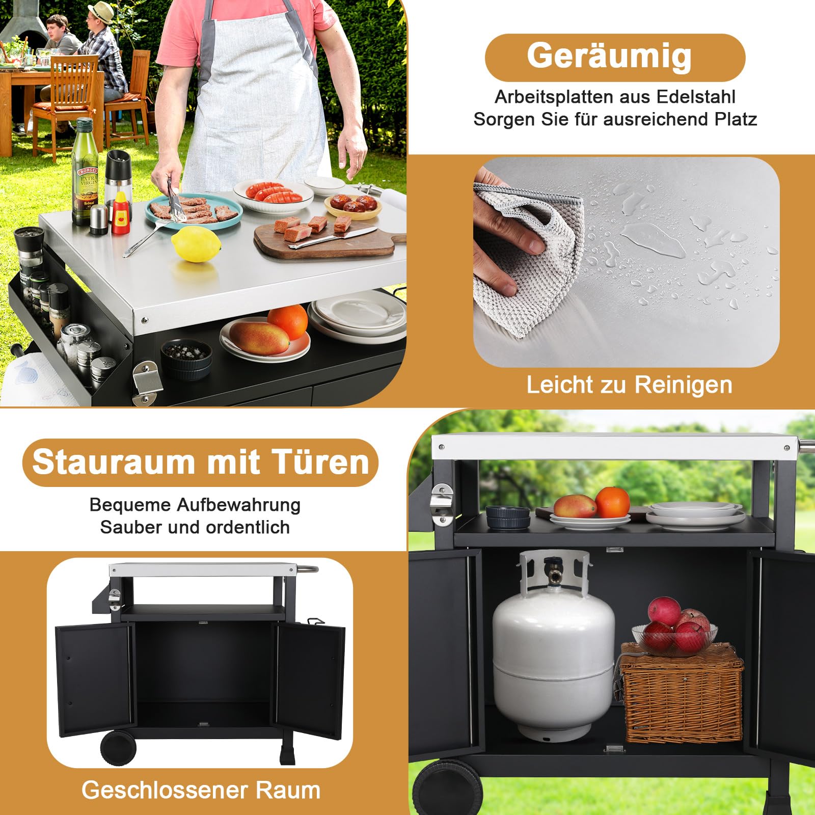 LIFERUN Carrito para Barbacoa Inoxidable,Carro de Barbacoa con Armario 2 Ruedas Ganchos,Carrito de Servicio Exterior,Mesa Auxiliar BBQ,Carro Cocina Superficie Trabajo Tnox,Picnic Fiesta Jardín Camping