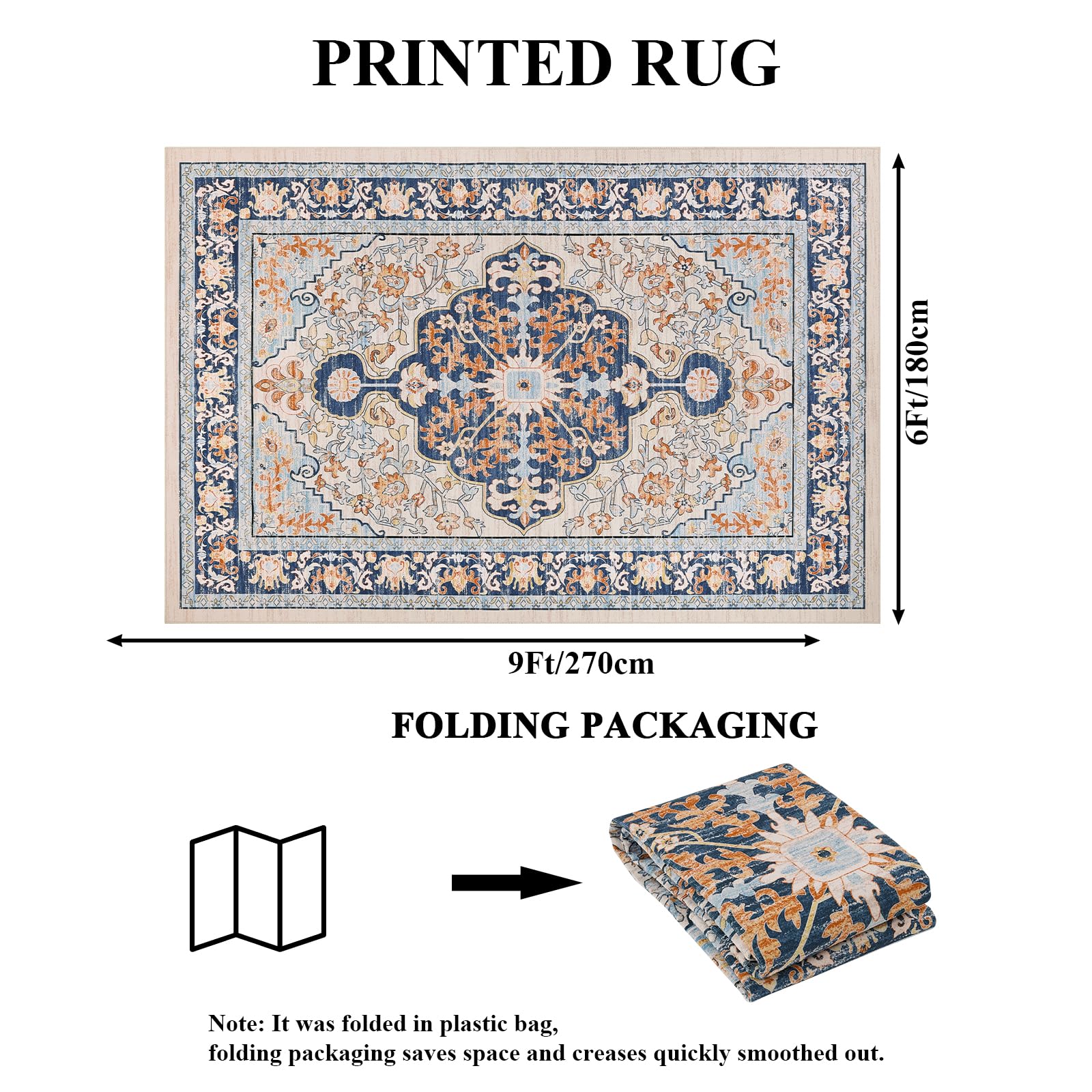 U'Artlines Tapis vintage bohème de 15,2 x 24,7 cm, lavable en machine, tapis de sol doux, antidérapant et antidérapant pour salon, chambre à coucher, entrée, salle à manger, bureau, orange et bleu