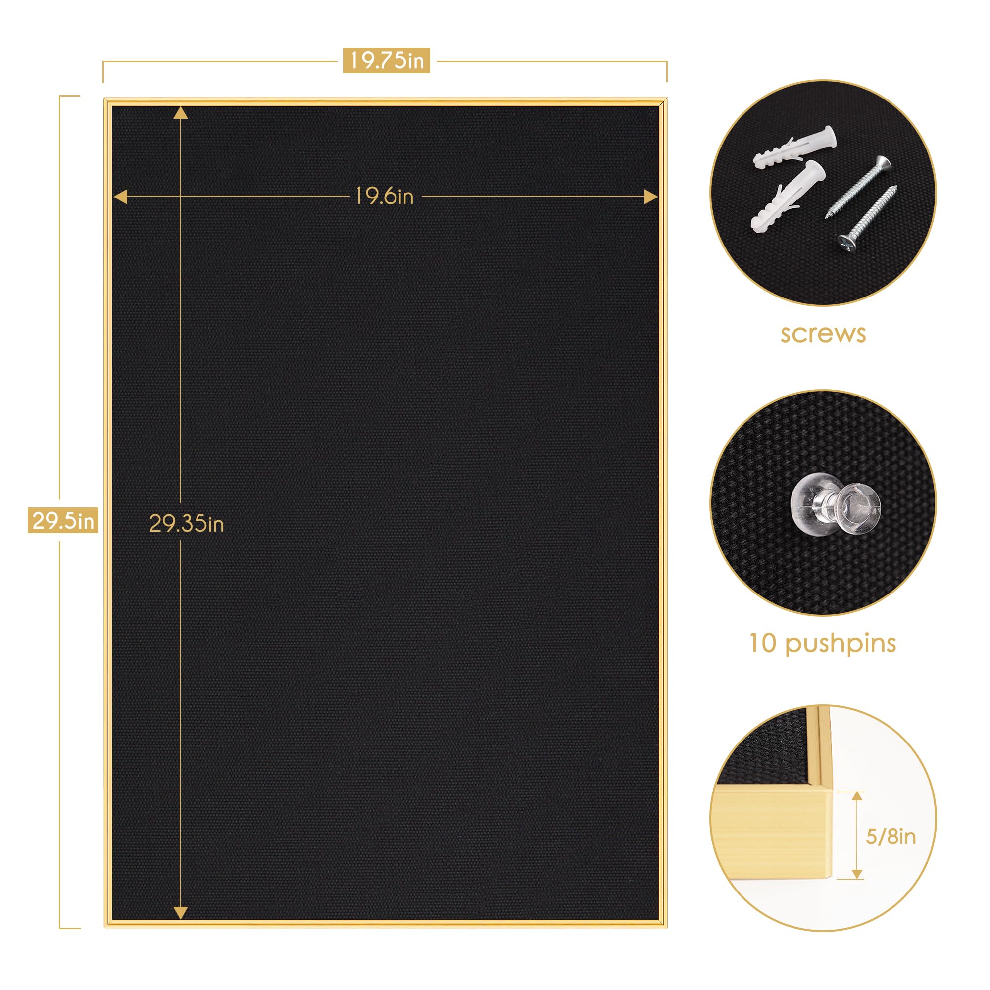 Lightomorrow Pinnwand, 76,2 x 50,8 cm, schwarze Pinnwand, goldener Aluminiumrahmen, Stoffkorktafel mit 10 Reißzwecken