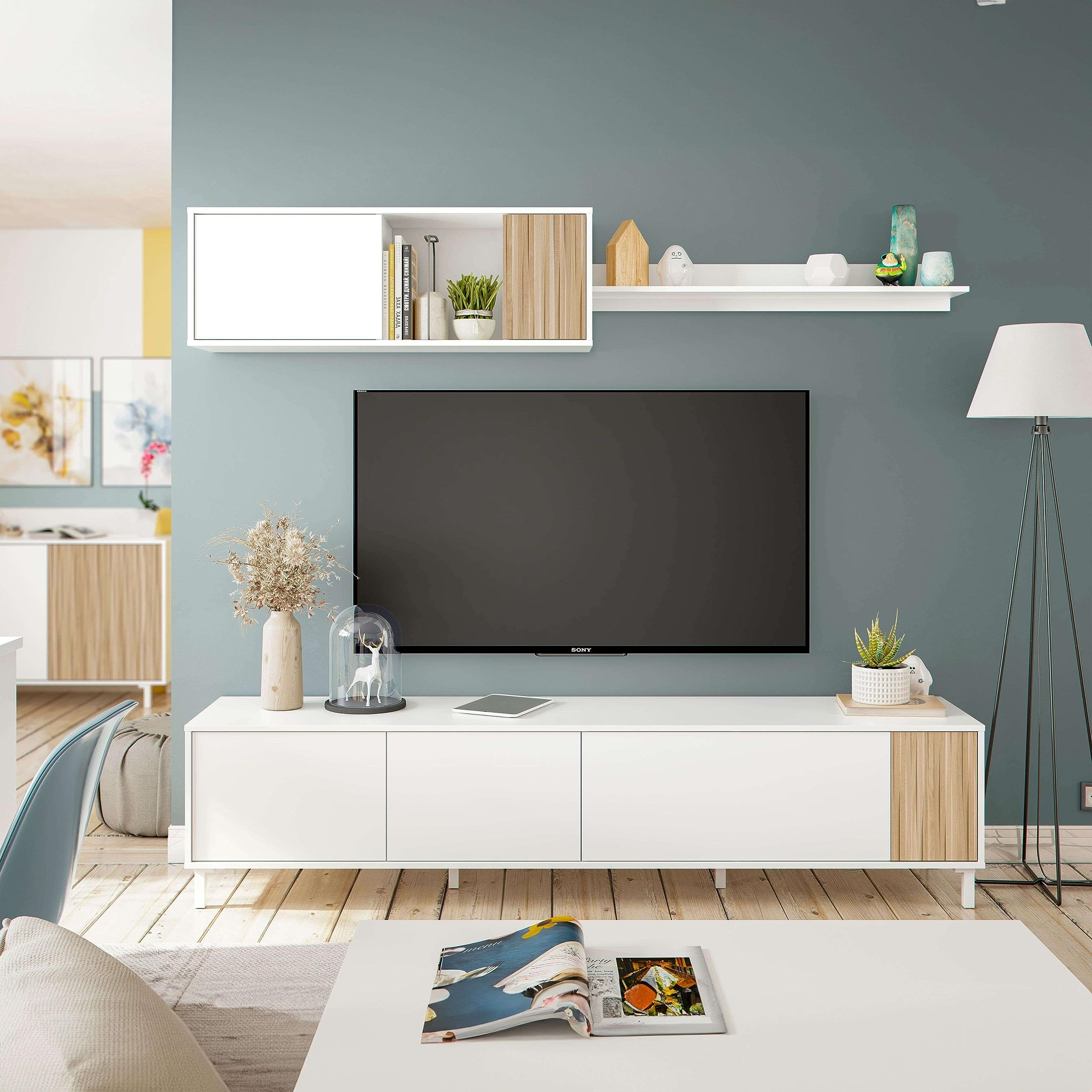 Habitdesign Muebles De Salón Ethna Blanco Artik Y Natur Estilo Moderno para Comedor 200x40Cm