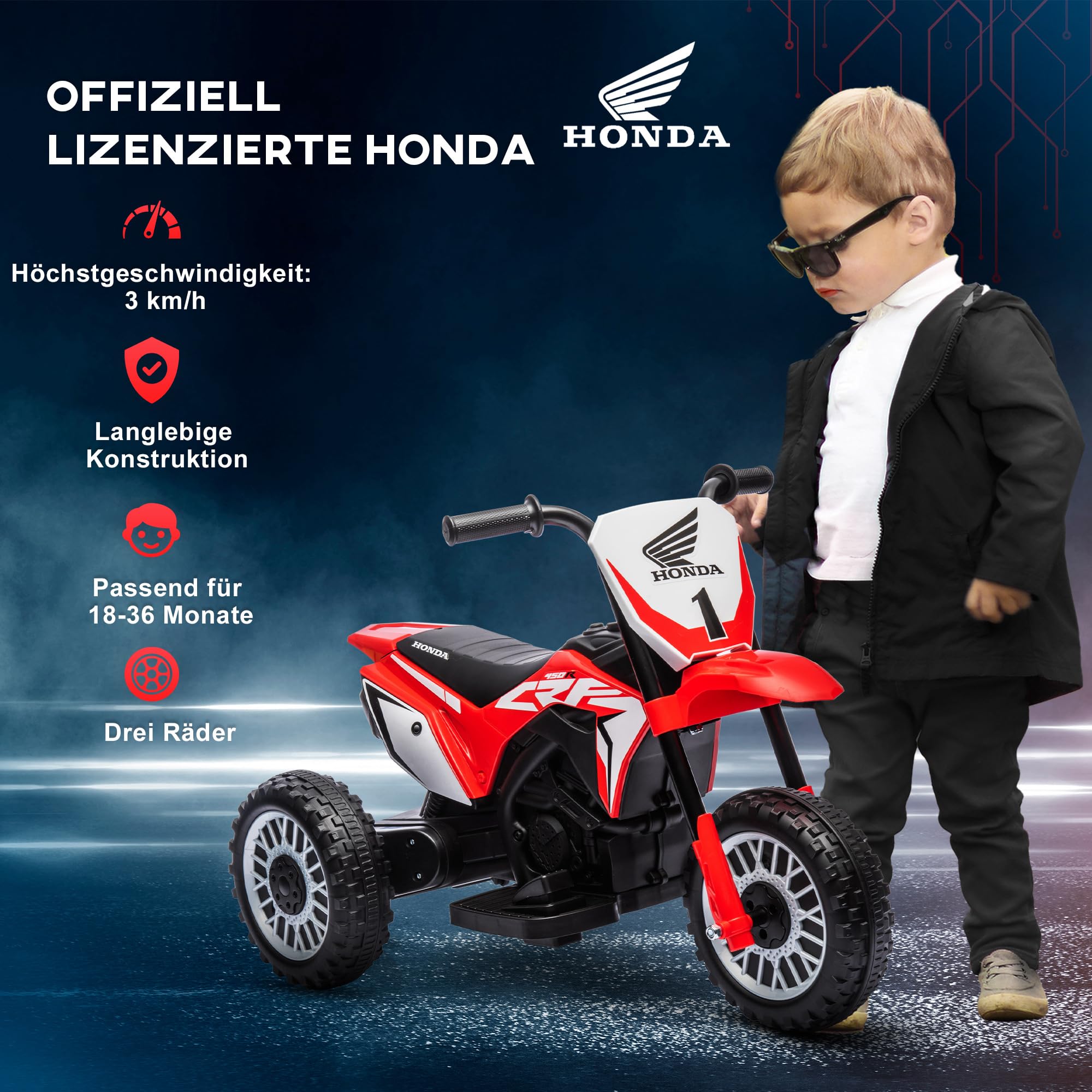 HOMCOM Elektro Kindermotorrad mit Hupe für Kinder von 1,5-3 Jahren Rot | Elektrisch, Elektromotorrad, Startup-Musik, Kinder Elektro Motorrad