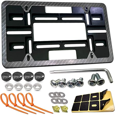 Aootf Front License Plate Mounting Kit-Universal Front Plate Holder Adapter Bumper Bracket & Carbon Fiber Style License Plate Frame, Anti-Theft Screws and Wrench Kit, for Any Vehicle Or Trailer,Truck