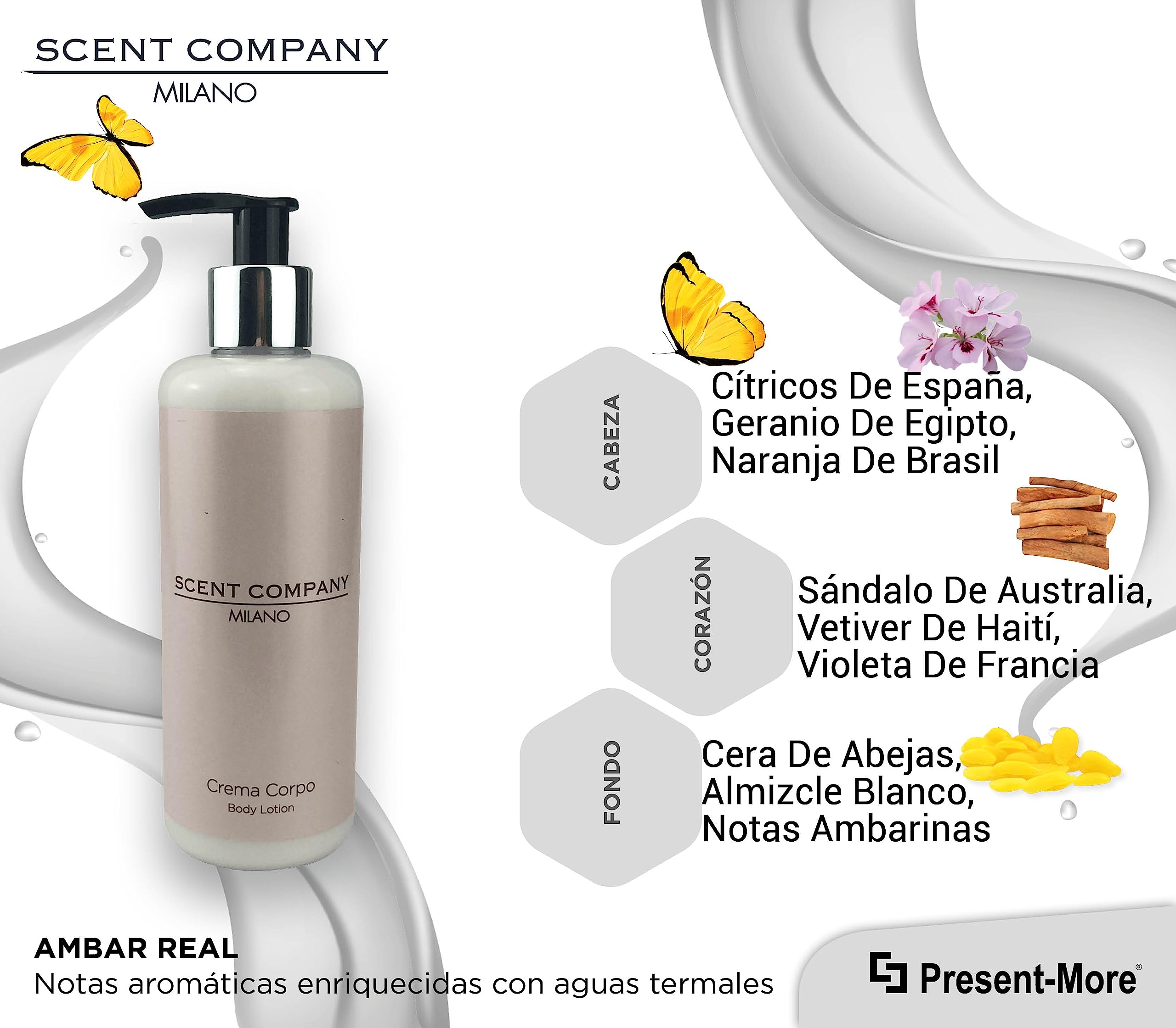 Present-More Crema corporal 300ml Scent Company Milano - Crema cuerpo 15 unidades para Hoteles y B&B | Crema cuerpo con fragancia Ámbar Real