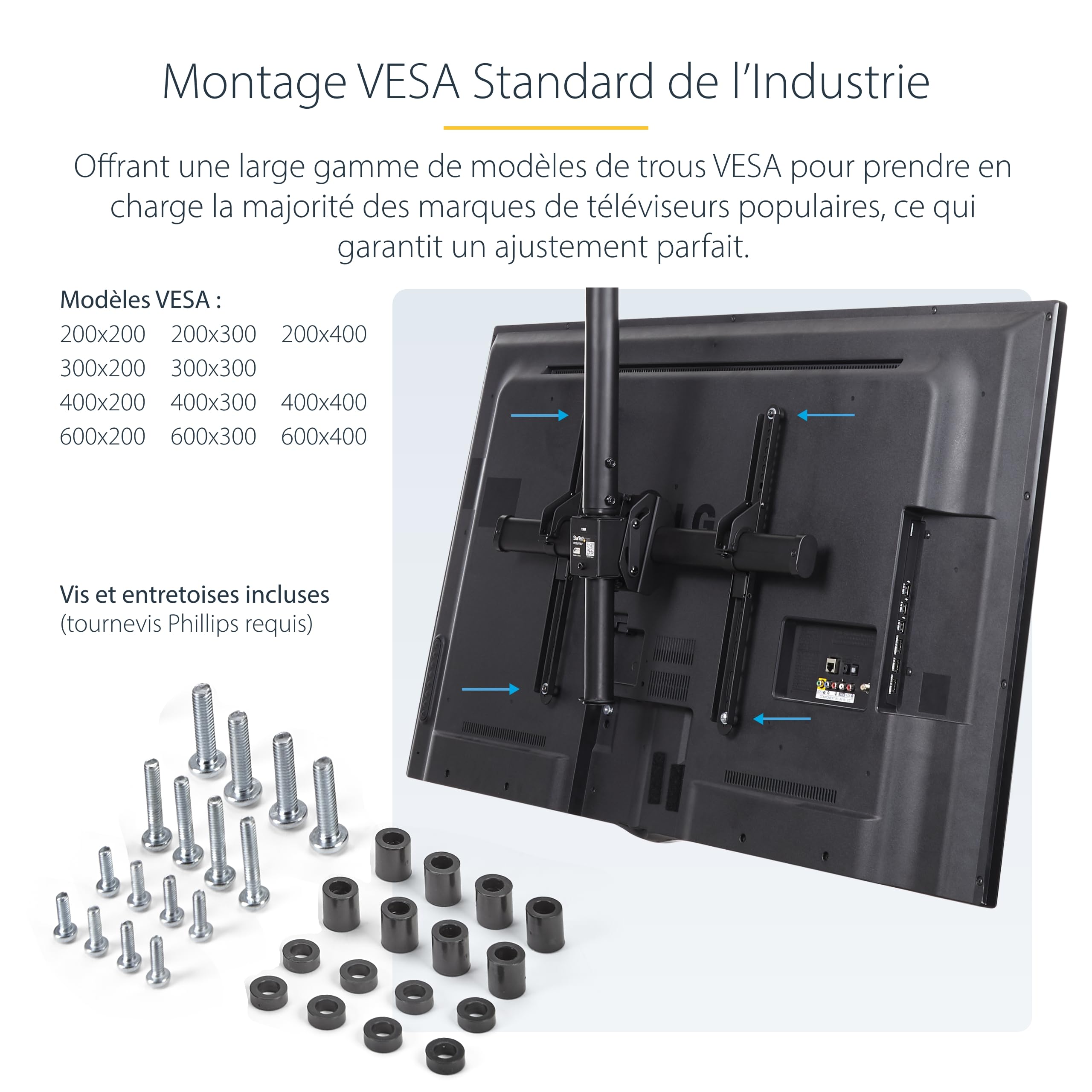 StarTech Support TV Double Plafond 32 à 75 pouces, VESA (FPCEILBTB) | 2 écrans suspendus, Réglable en hauteur, Mât télescopique, Dos à dos, Pivotant