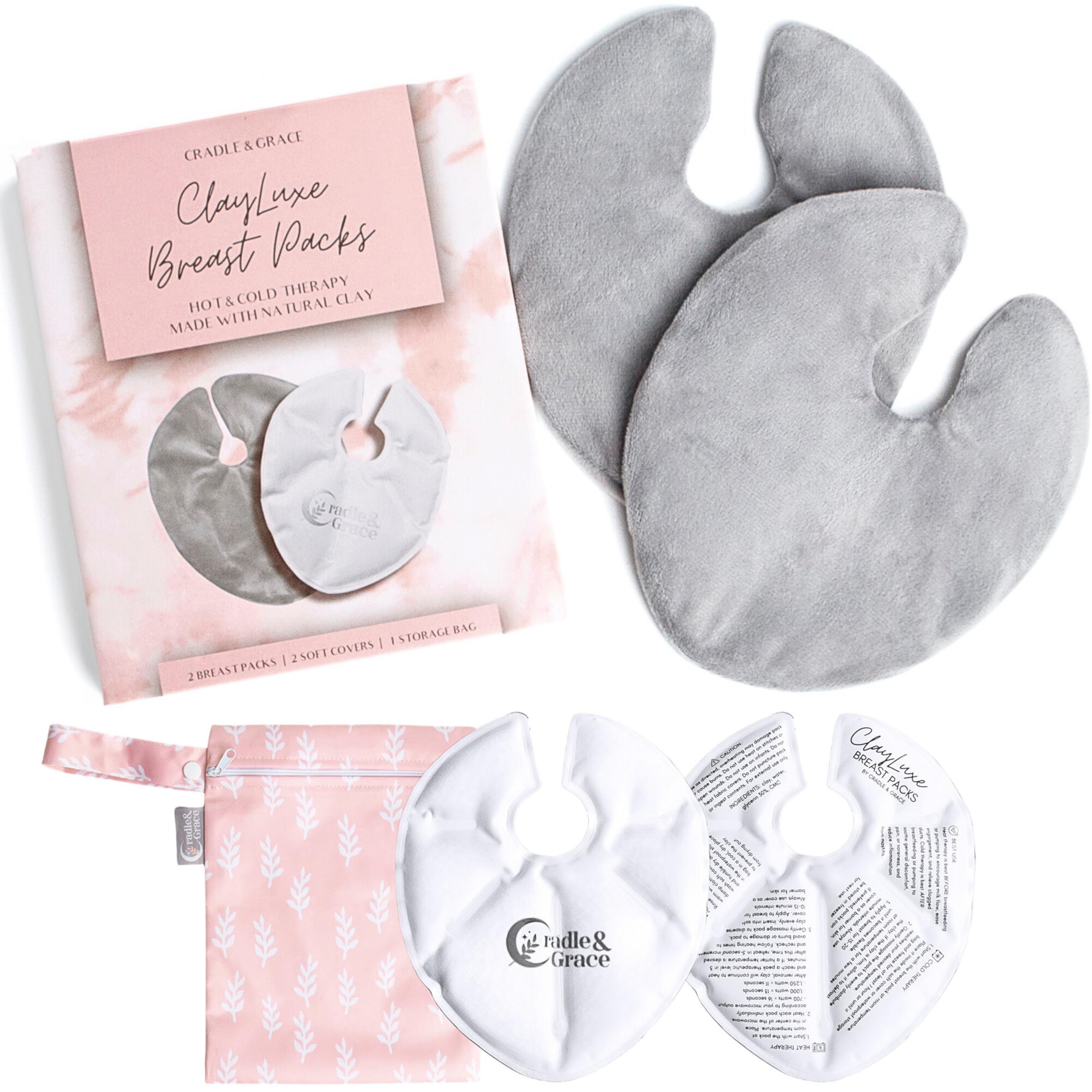 Cradle & Grace ClayLuxe Breast Therapy Packs, Natural Clay Hot & Cold Breast Pads with Covers & Bag, Reusable Breast Ice Packs for Mom's Breastfeeding
