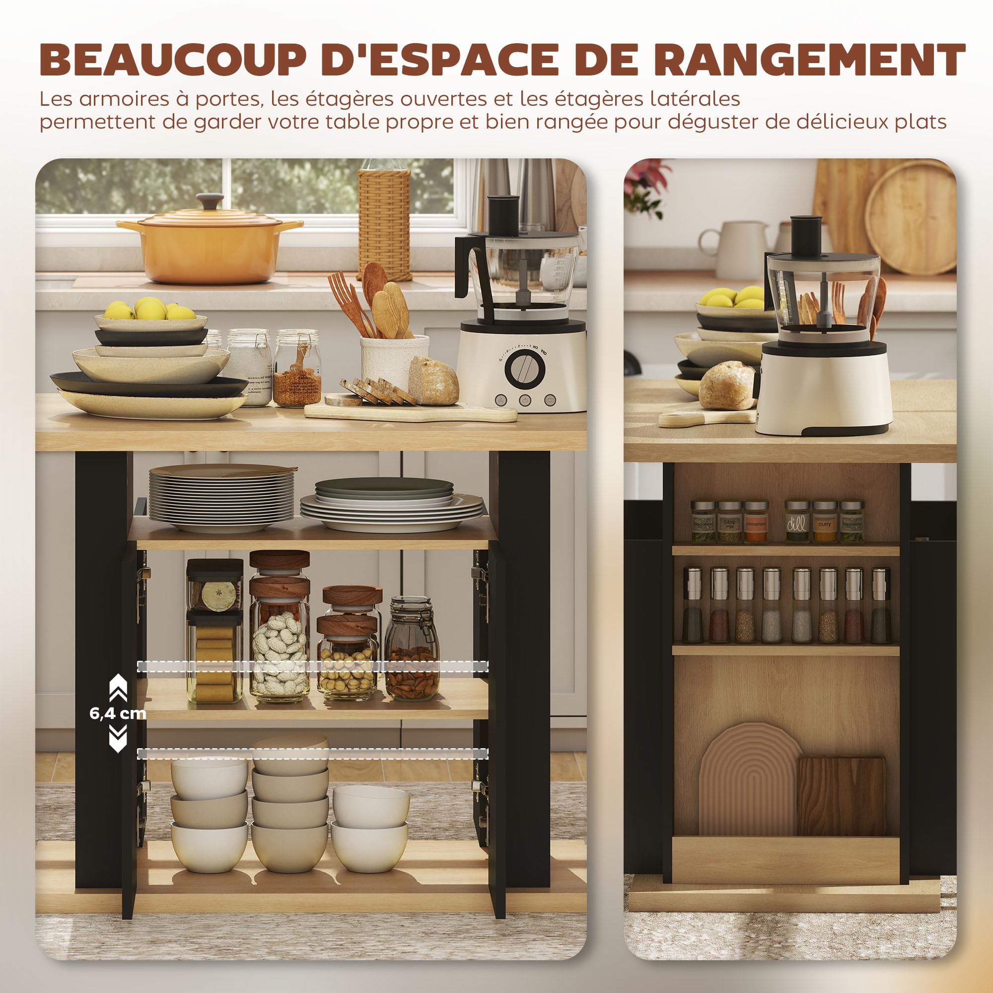 HOMCOM Îlot Central Cuisine Table à Manger Meuble de Rangement avec Grand Plan de Travail 4 Personnes - Placard 4 Portes et étagères - en Bois - 110 x 70 x 75,5 cm Noir et Naturel
