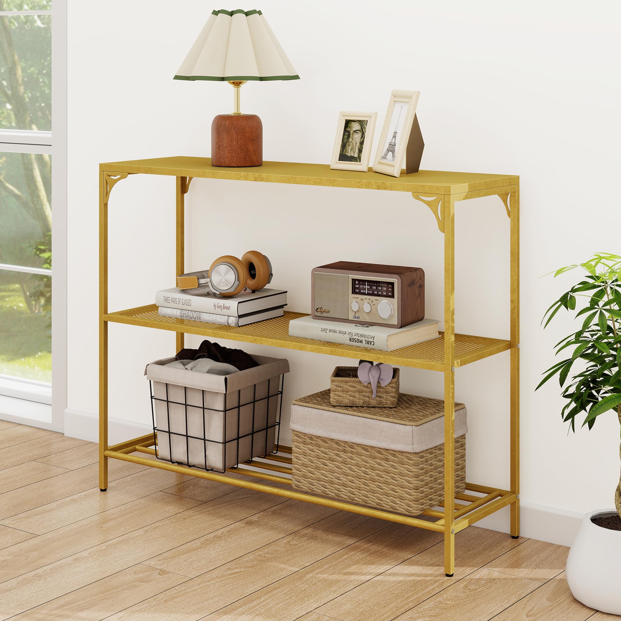 HDANI Schmaler Konsolentisch, 100 x 30 x 80 cm, Goldfarben | 2 Regale aus Netz, Metall-Beistelltisch, Für Wohnzimmer, Flur, Schlafzimmer und Büro
