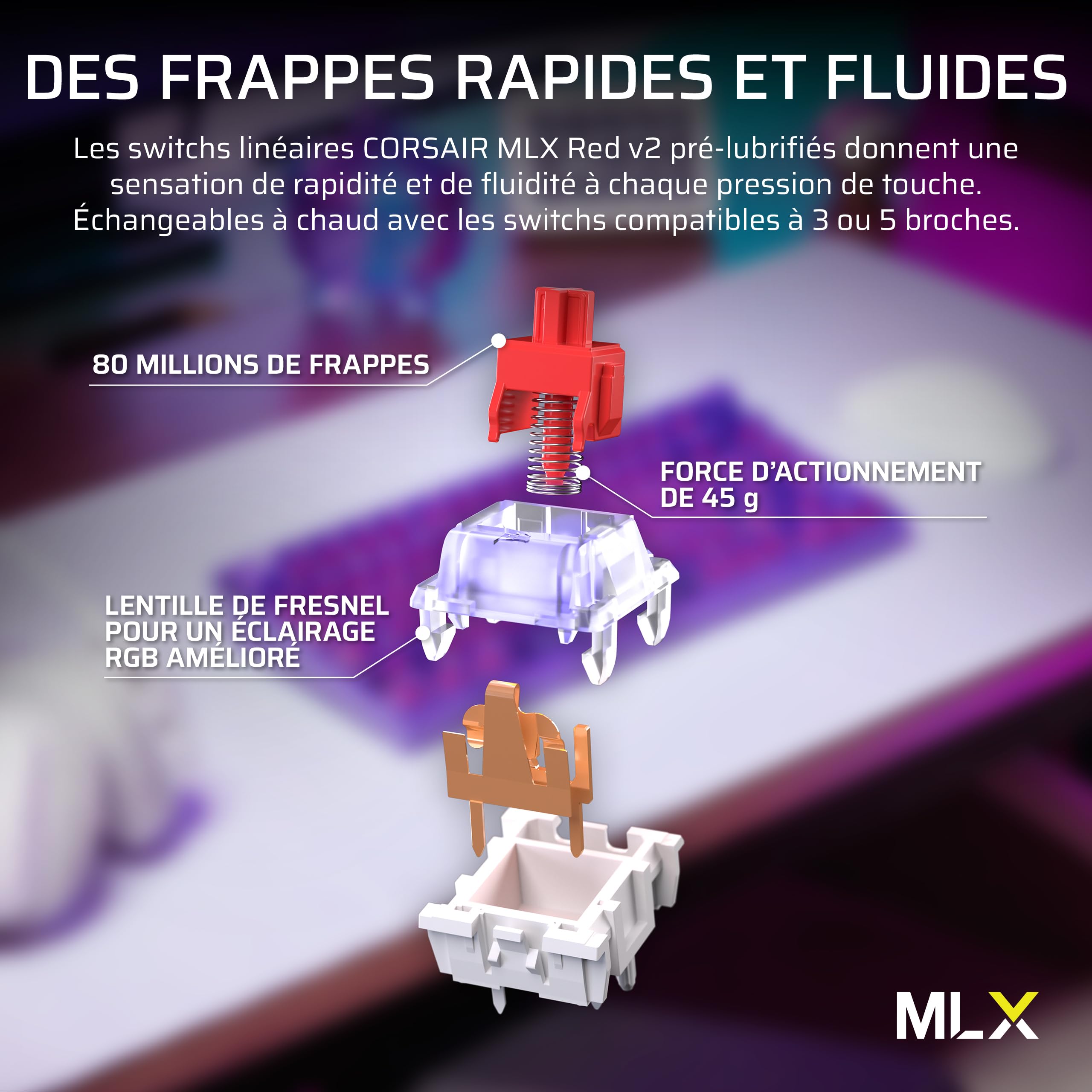 Corsair K65 Plus sans Fil 75% Gaming Clavier (AZERTY FR) – Violet Atomique | RGB, Mechanical, Commutateurs Linéaires CORSAIR MLX Red Pré-Lubrifiés, Keycaps PBT – PC, PS5, PS4, Xbox