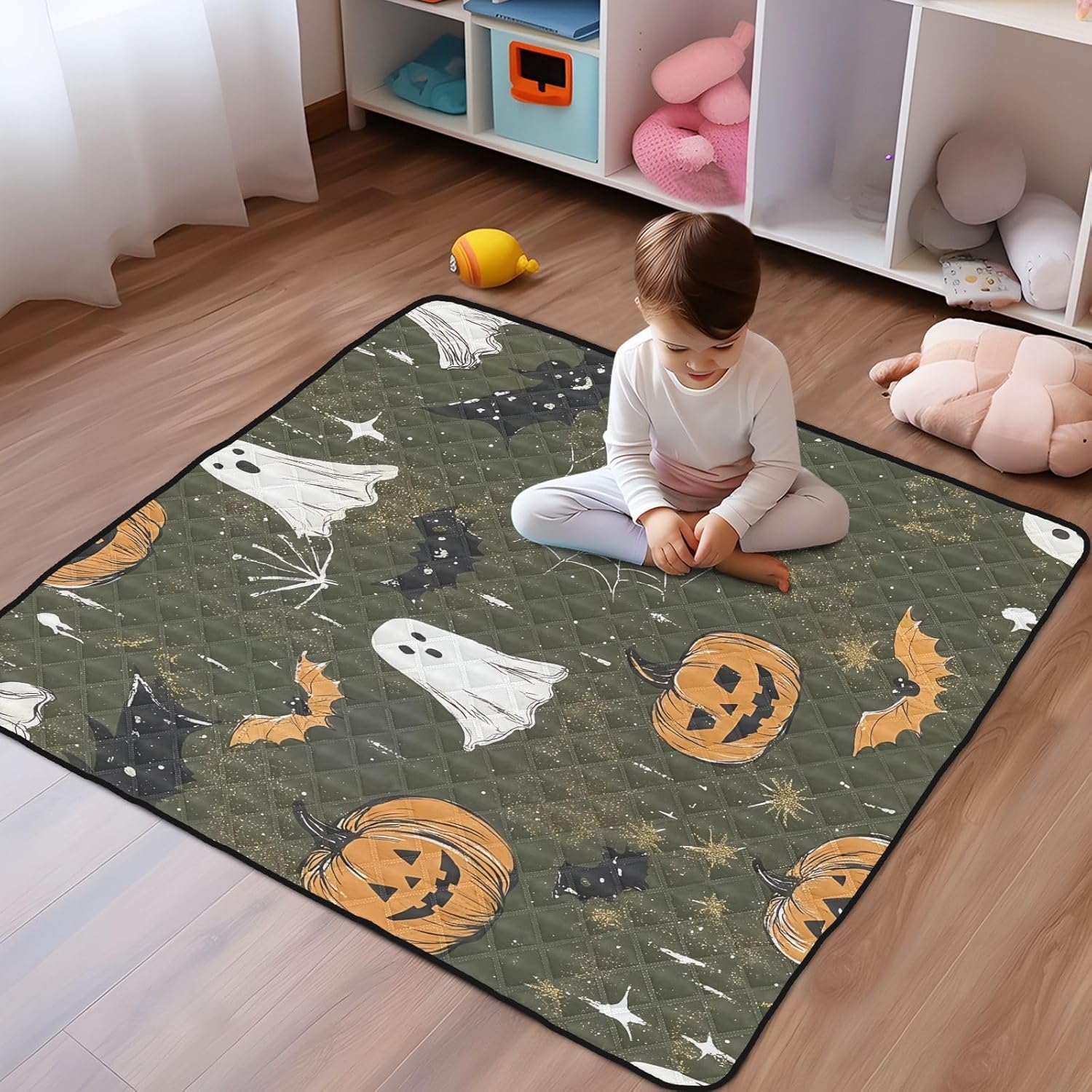 Ghost and Halloween Pumpkin Baby Play Mat, 50“ X 50” Washable Folding Crawling Mat, Baby Floor Mat, Soft, Non-Slip