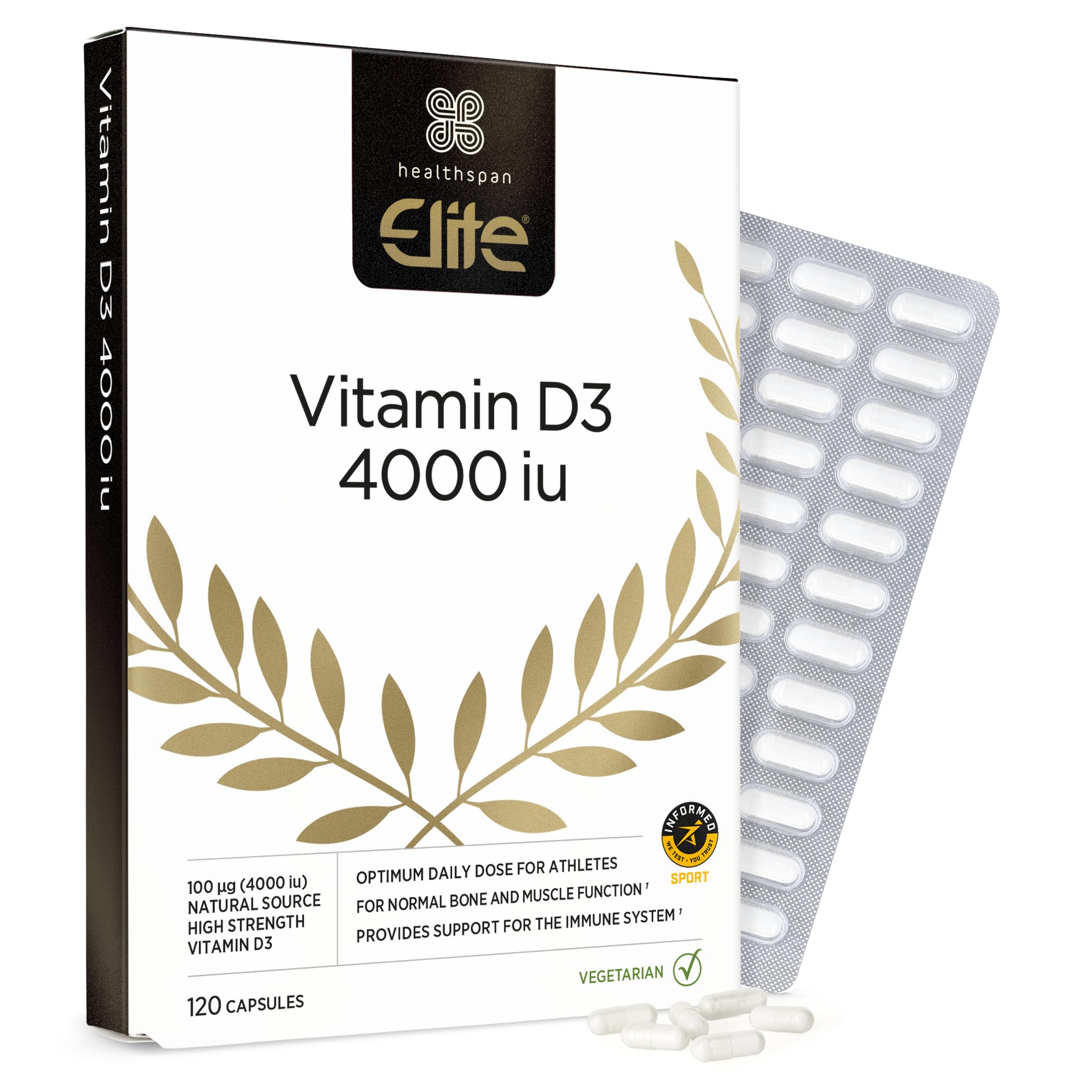 Healthspan Elite Vitamin D3 4,000iu | 120 Capsules | All Blacks Official Partner | Support Immune, Muscle & Bone Health | Informed-Sport Accredited | Vegetarian