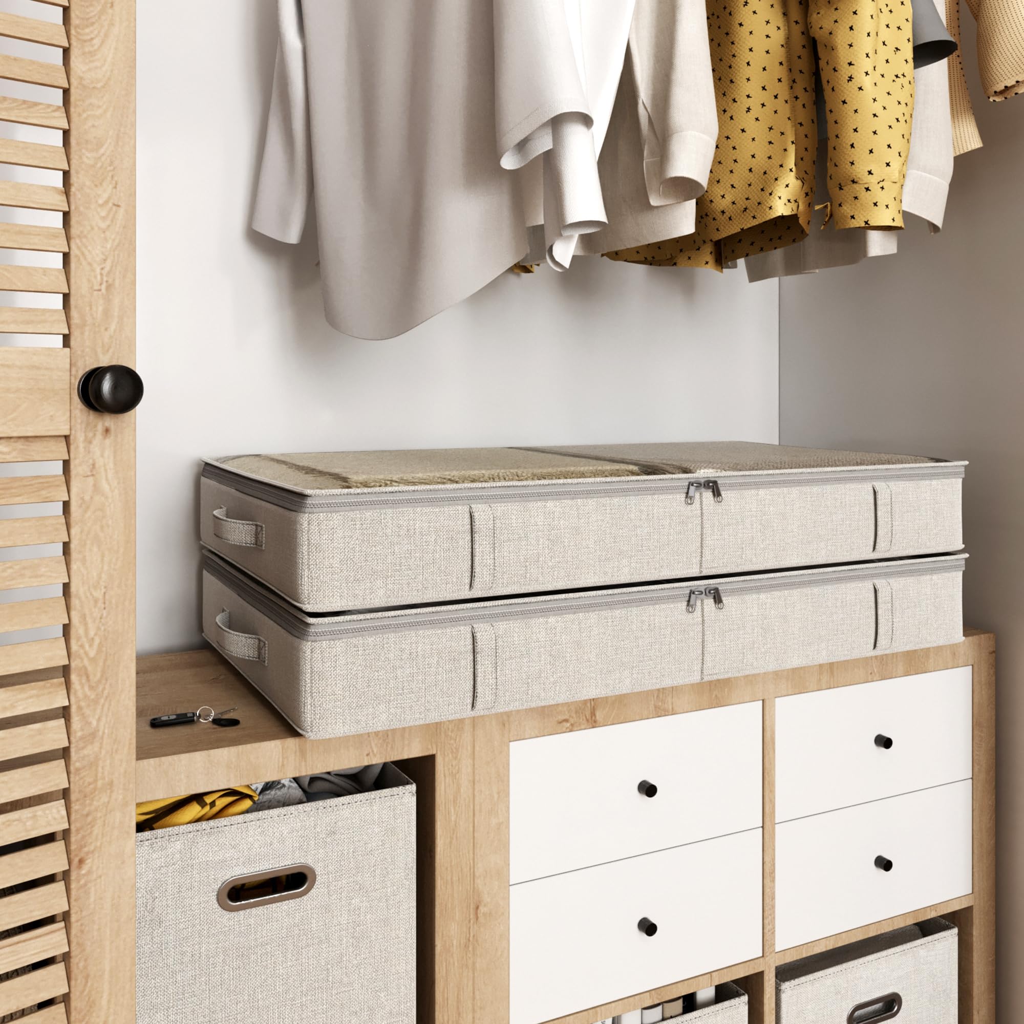 Unterbett-Aufbewahrungsbehälter, niedriges Profil, 12,7 cm hoch, 85,9 x 45 x 13 cm, stabiler Unterbett-Schuh-Organizer, faltbar, Stoff unter dem Bett, 2 Stück, Hellgrau und Weiß