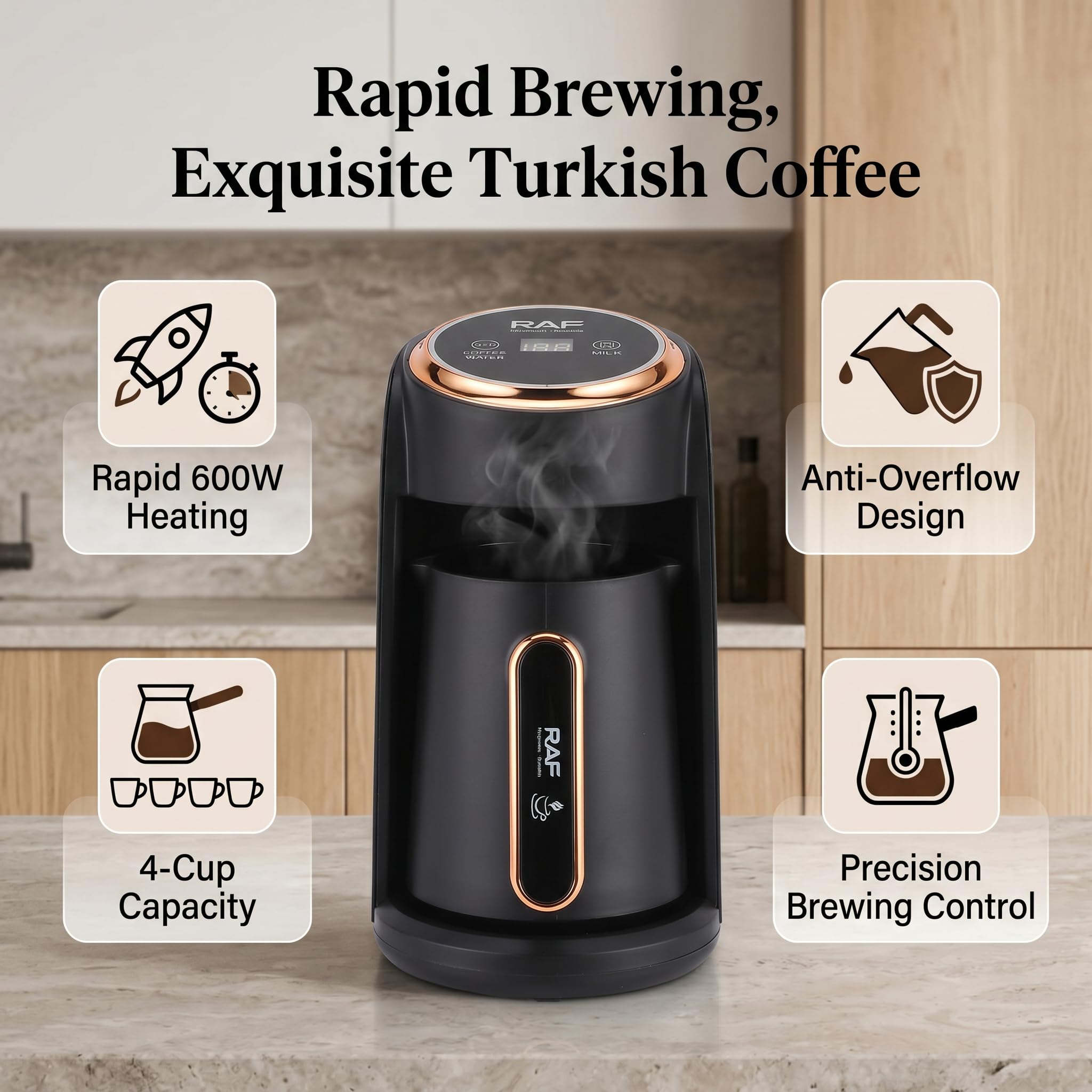 Macchina per caffè turco da 4 tazze, 600 W, in acciaio inossidabile: riscaldamento rapido, ideale per casa e ufficio.