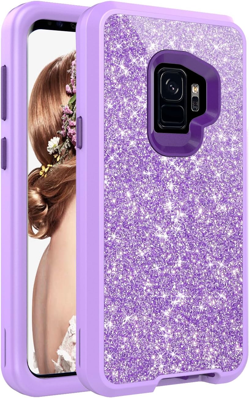 Galaxy S9 Case, Samsung Galaxy S9 Case, Ecosor Glitter Sparkly Bling Rugged Heavy Duty Full Body Shockproof 3 in 1 Soft TPU Hybrid Hard PC Protective Phone Cover for Girls & Women, Purple