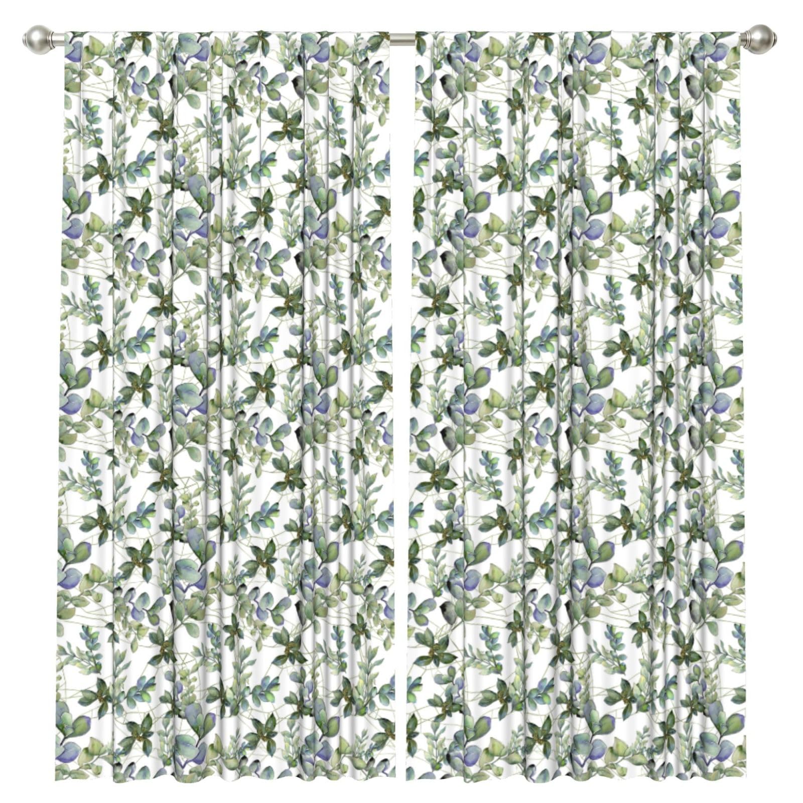 InOmak Green Eucalyptus Leaves Printed, 2 Panels Window Curtains 52 x 84 Inch Blackout Curtains for Living Room Bedroom