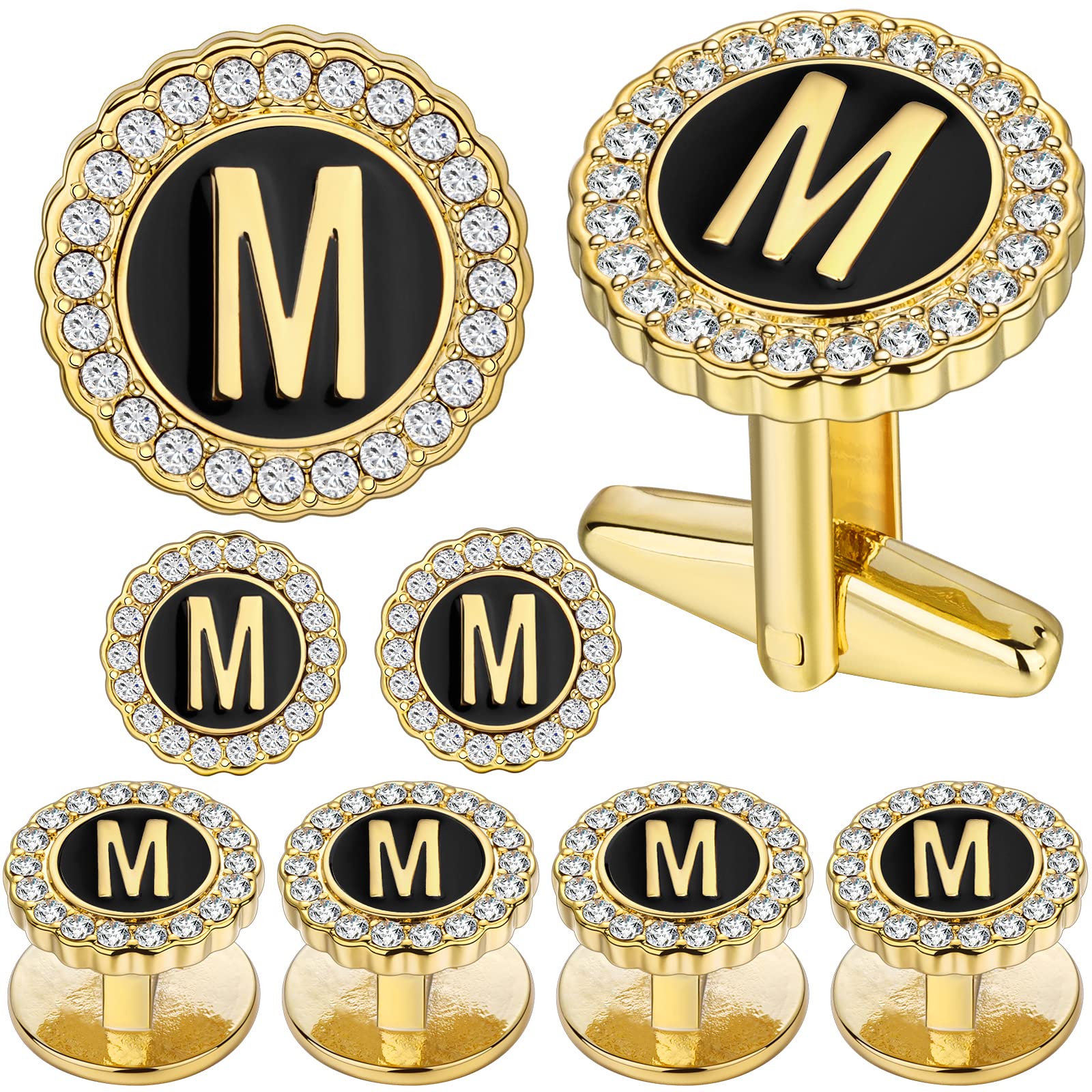 HAWSON 18K Gold Tone Initial Cufflinks for Men with Tuxedo Studs - Gift Boxed, Stylish Men's Jewelry Accessories for Weddings, Birthdays, Anniversaries, Father's Day