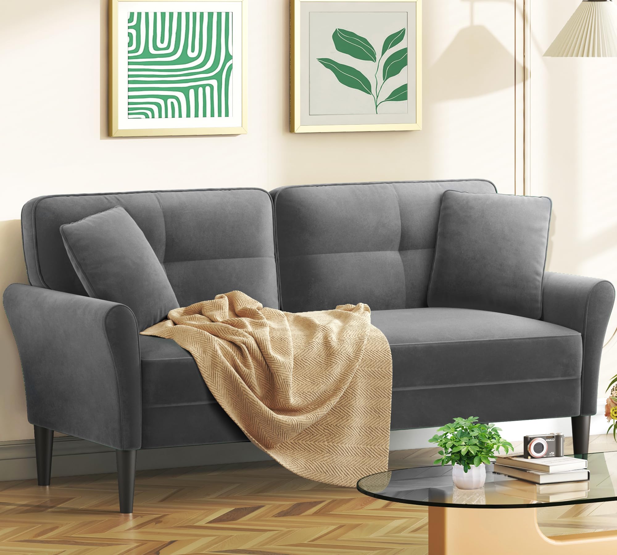 Loveseat Sofa 69 Love Seat Couches Comfy Velvet Small Sofa Couch for Bedroom with 2 Pillows Tool-Free Setup