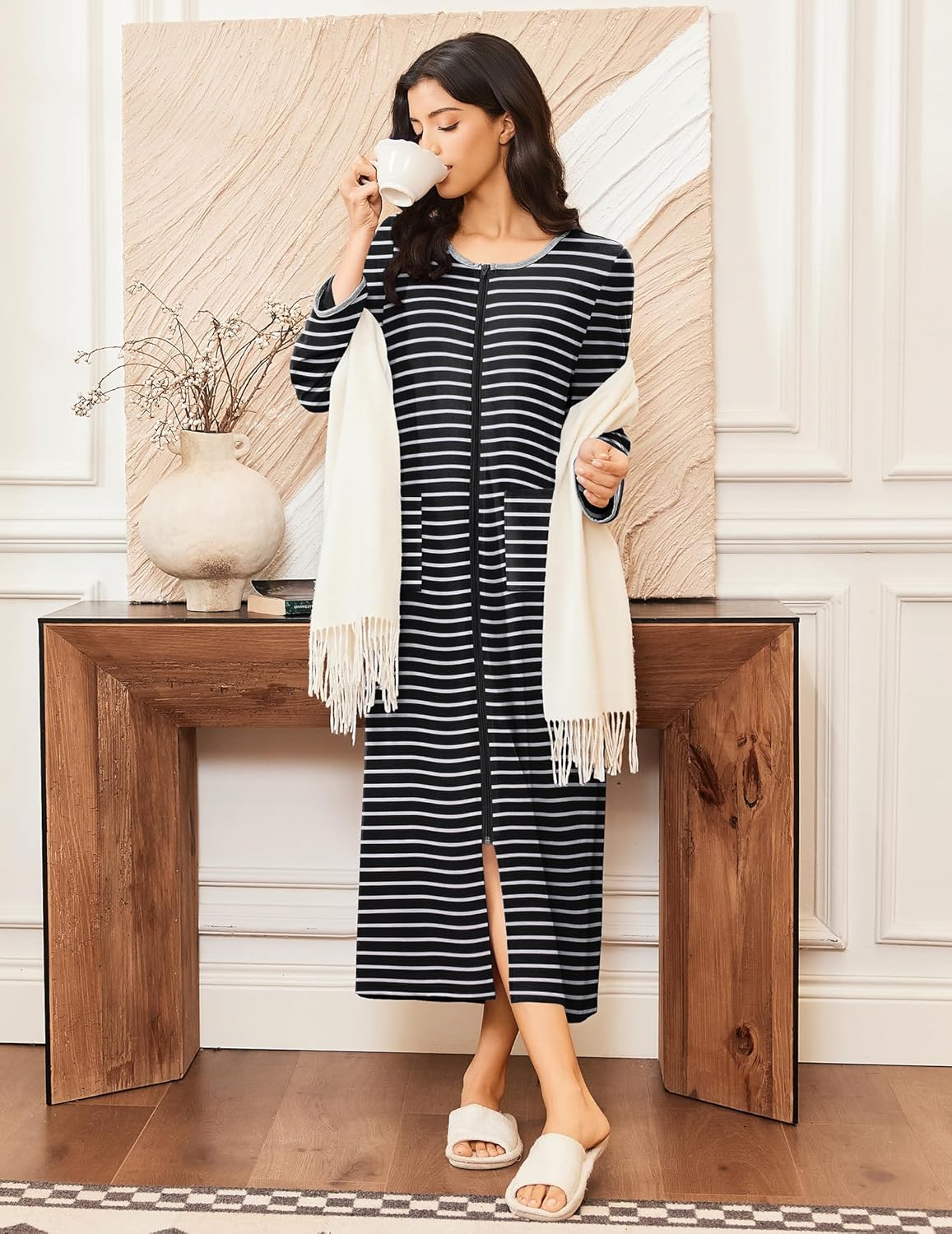 Ekouaer Women Long House Coat Zipper Front Robes Full Length Nightgowns with Pockets Striped Loungewear S-4XL - Image 4