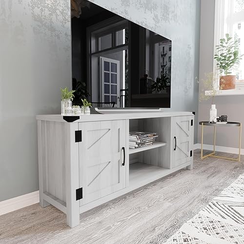 Miniatura 10 de BizChair Moderno soporte de TV con puerta de granero, centro de entretenimiento blanco lavado de 59 pulgadas, para televisores de hasta 65 pulgadas,