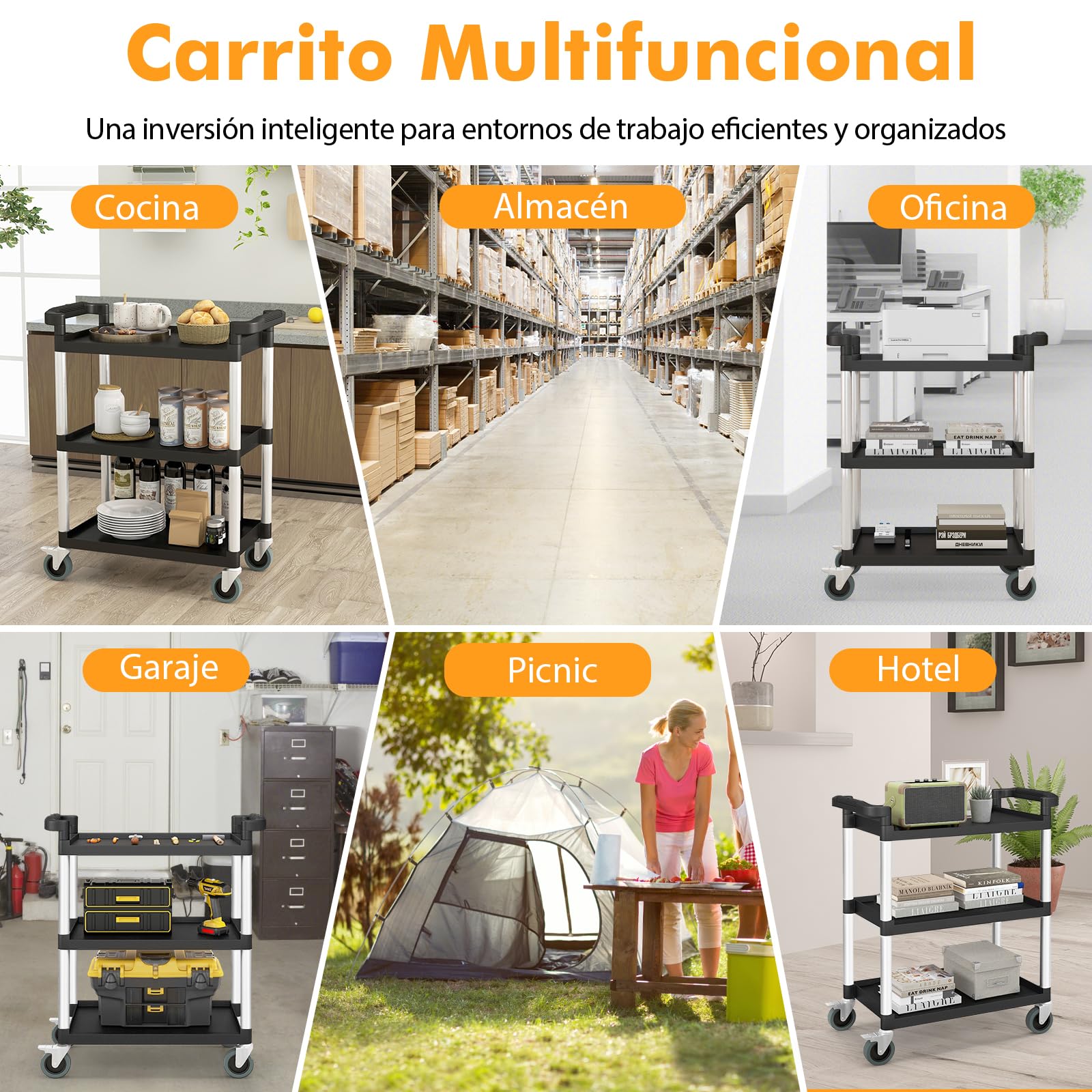 COSTWAY Carro Utilitario de 3 Niveles, Carro de Servicio con Ruedas Bloqueables y Asas Dobles, Marco de Aluminio Resistente, Carga Total 225 kg, Ideal para Almacén, Oficina, Cocina y Garaje