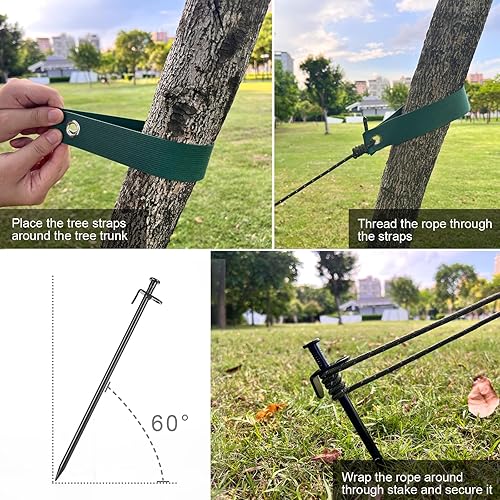 Miniatura 5 de Juego de estacas para árbol de acero resistente de 15.8 pulgadas para apoyar árboles contra viento fuerte, con 3 correas y cuerda (13.12 pies)