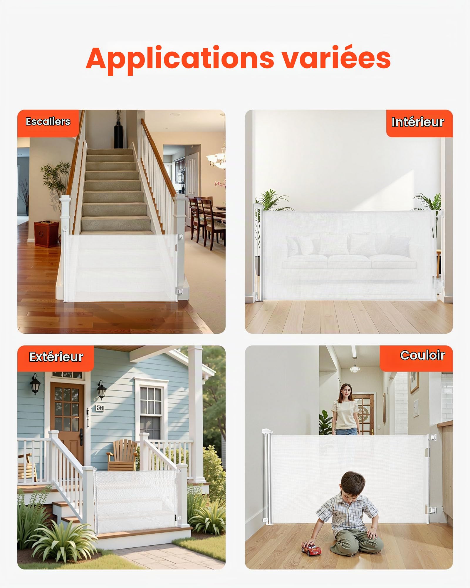VEVOR Barrière de Sécurité Extensible, Clôture en Maille 143 cm de Large et 79,5 cm de Haut, Barrière Rétractable pour Animaux de Compagnie, avec Verrou de Sécurité, pour Couloir Escalier, Blanc