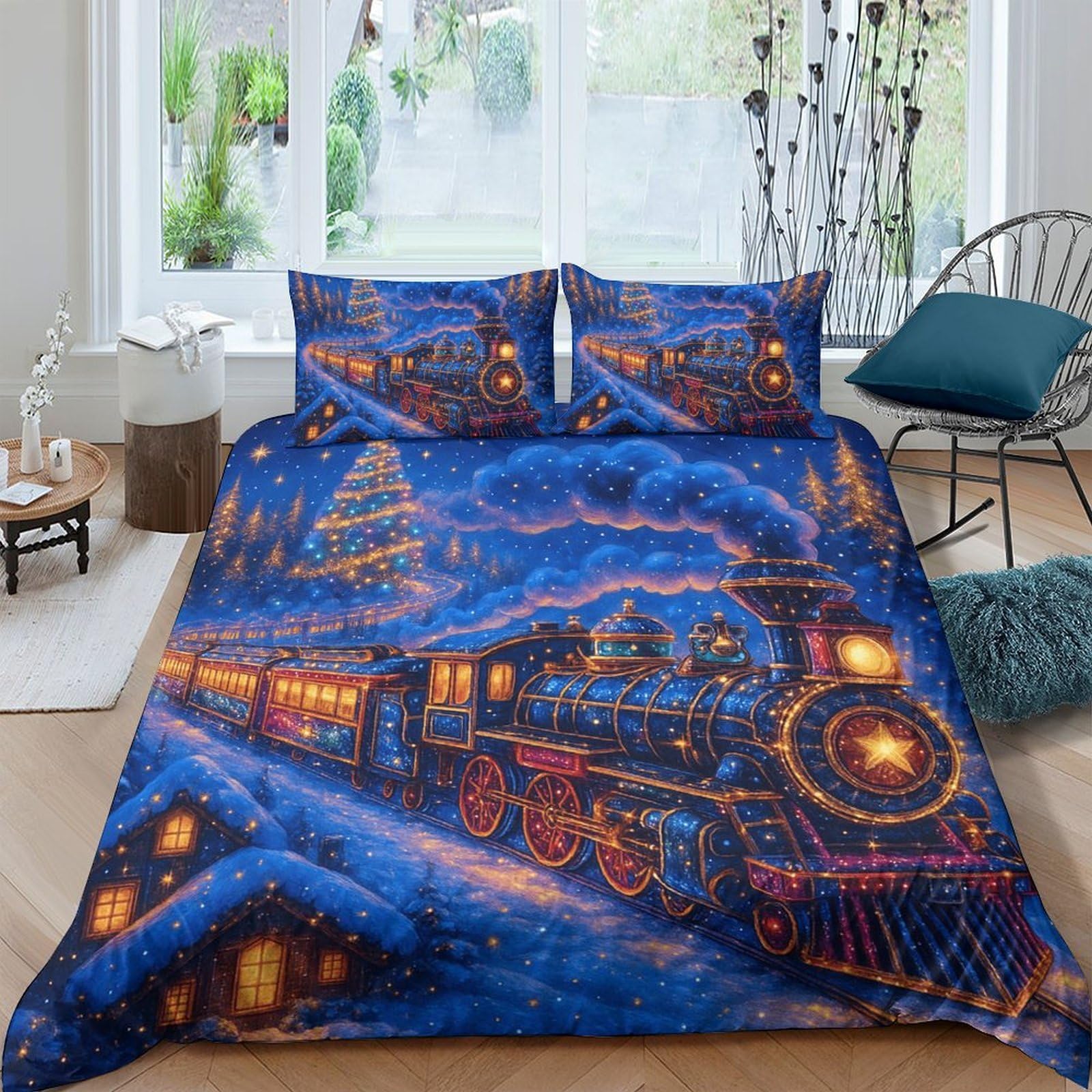 Ctjqhvkz Style-3 3D Printed Christmas Train Fitted Sheet Microfiber Soft Winter Village Bed Cover For Bedroom Dorm Home Decor Single（135X200cm）