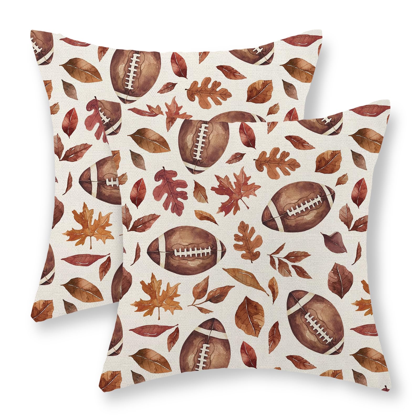 DAFENA Fall Pillow Covers 16x16 Inch 2 Pcs Brown Football Maple Leaves Decor Throw Pillows Autumn Leaf Thanksgiving