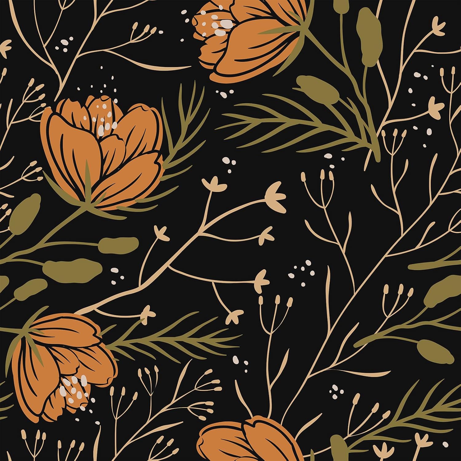 VEELIKE Boho Orange Floral Wallpaper Peel and Stick Vintage Dark Flower Wallpaper for Bedroom Bathroom 17.7''x354'' Renter Friendly Botanical Wall Mural Self Adhesive Removable Floral Contact Paper