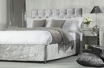 Crushed Velvet Divan Bed Base Wrap in Silver Grey Deep Fit Double Bed Size
