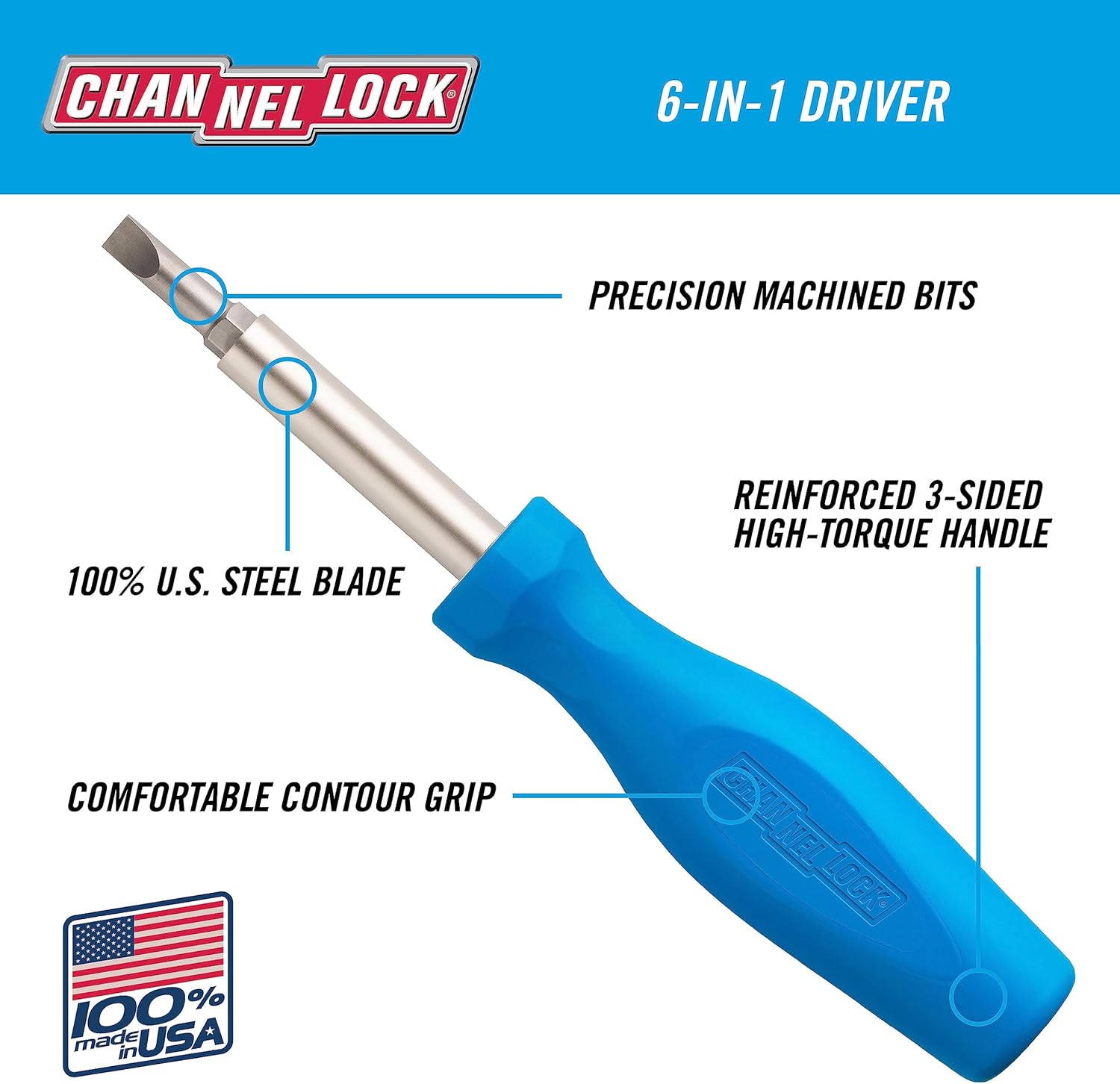 Channellock 6-in-1 Professional Multi-Bit Screwdriver 61H - Slotted, Phillips, Nut Drivers - 7.5 In