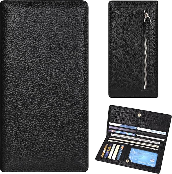 Womens Wallet, Extra Slim RFID Wallets, Leather Bifold Clutch Billfold Purse, with 11 Card Slots & ID Window, Cute Credit Card Holder Purse for Ladies Girls (Black)